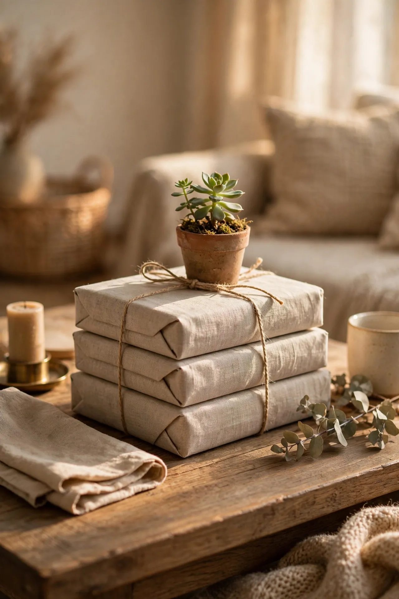 Stack of books wrapped in neutral paper styled on a coffee table