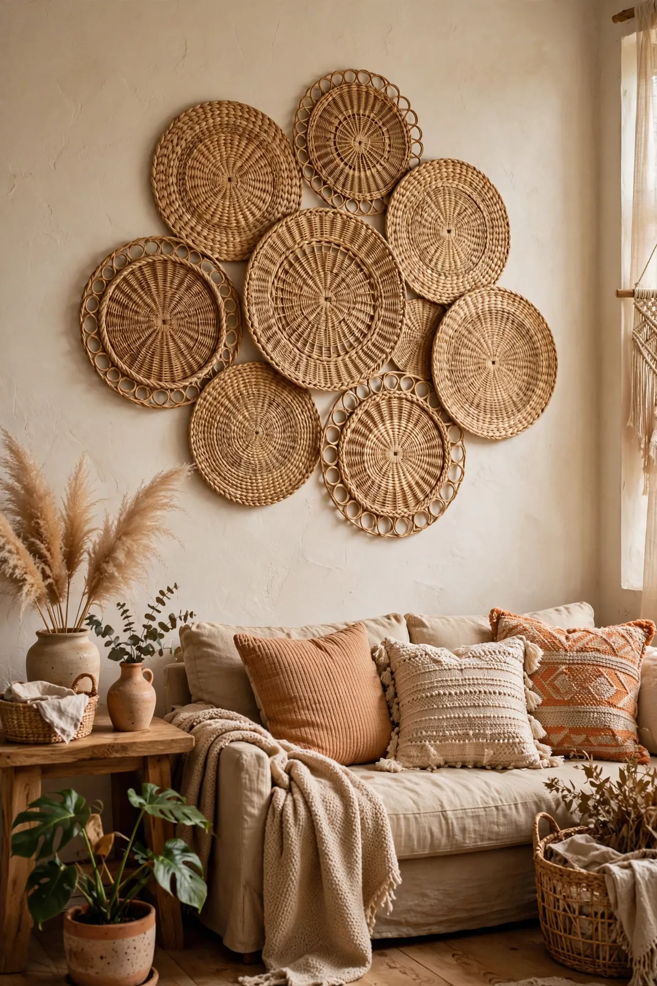 Cluster of round woven placemats hung as wall art