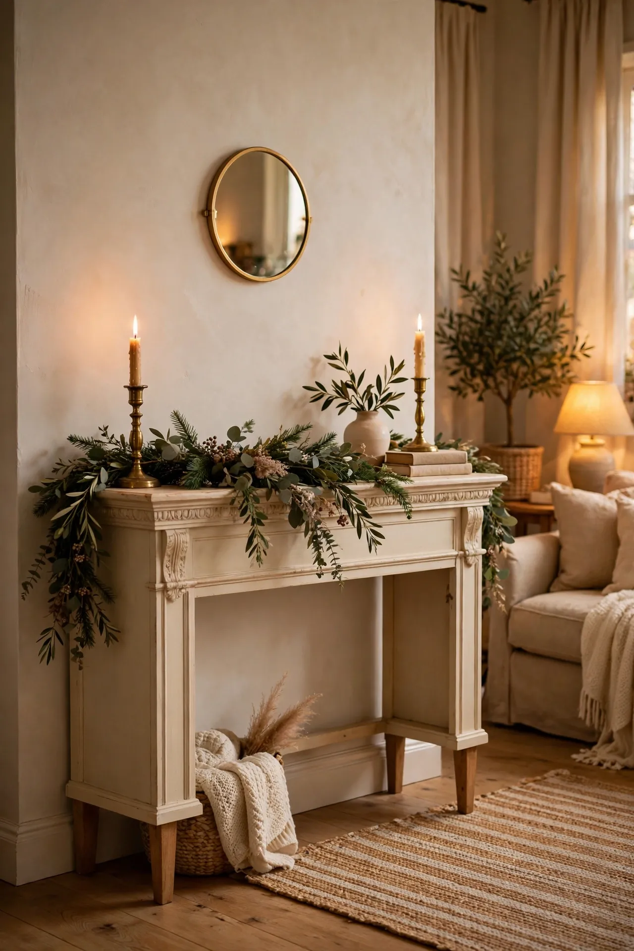 Console table styled like a fireplace mantel with garland and candles