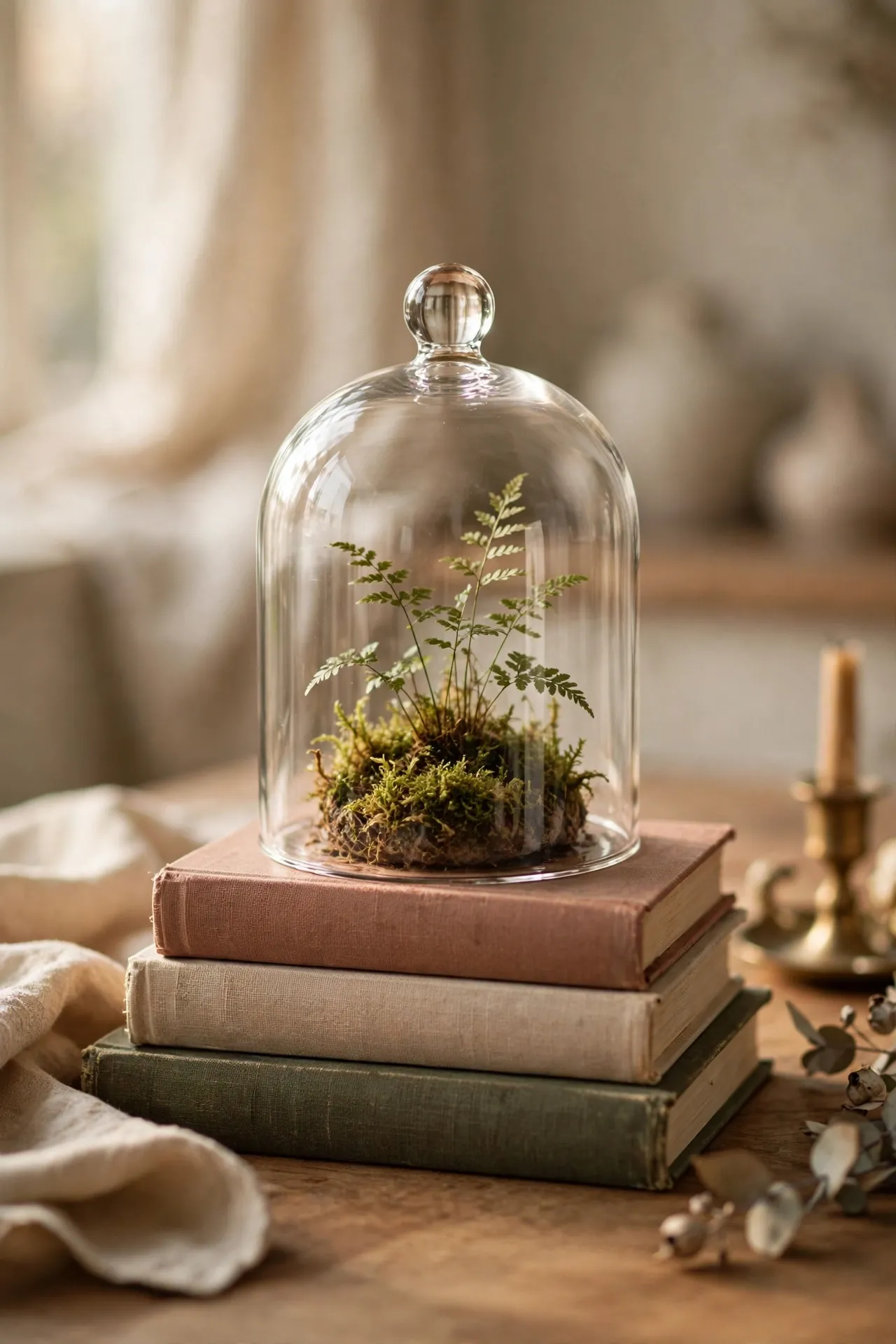 Glass cloche covering a small plant on stacked books