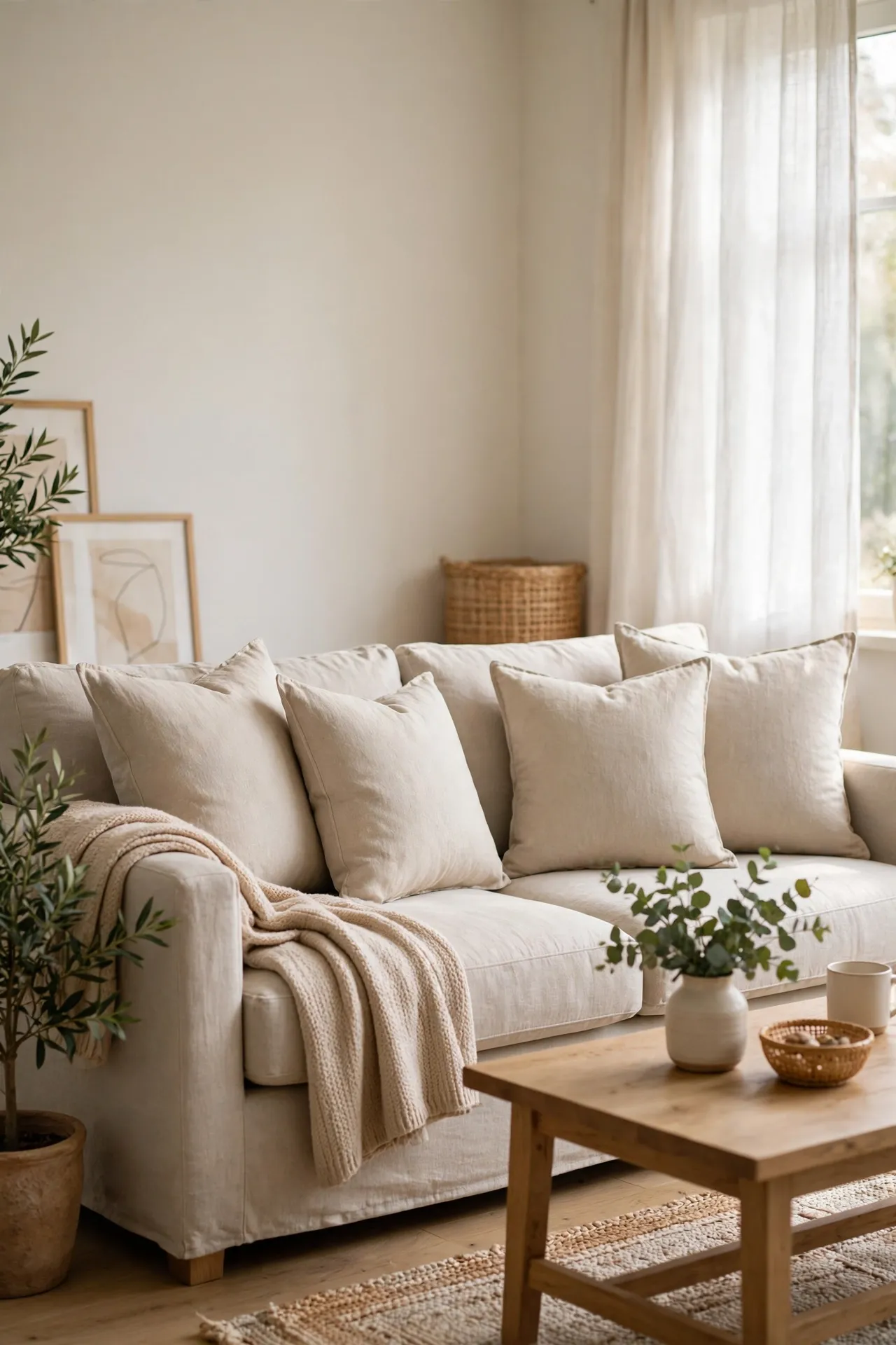 Sofa with matching neutral cushion covers looking freshly styled
