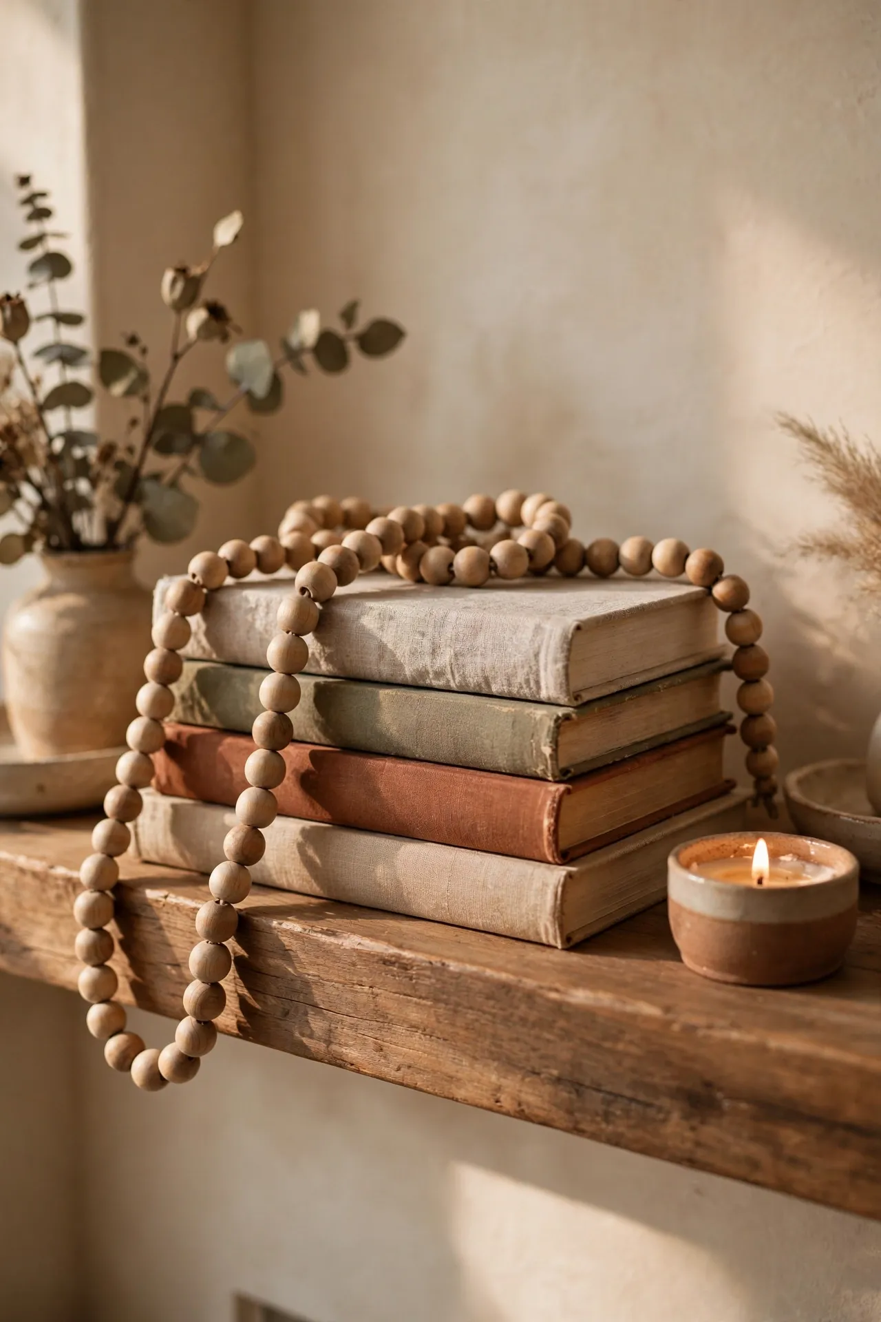 Wooden bead garland draped over books on a mantel