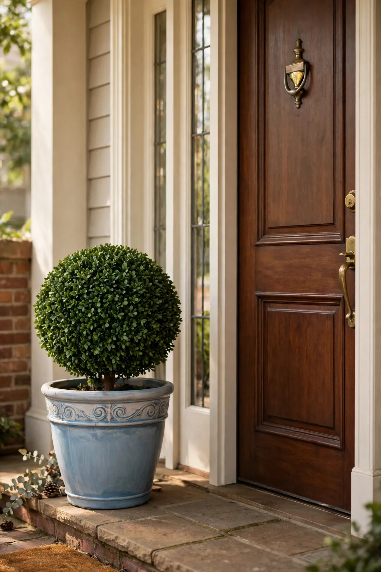 Faux boxwood topiary ball in a painted pot by a front door