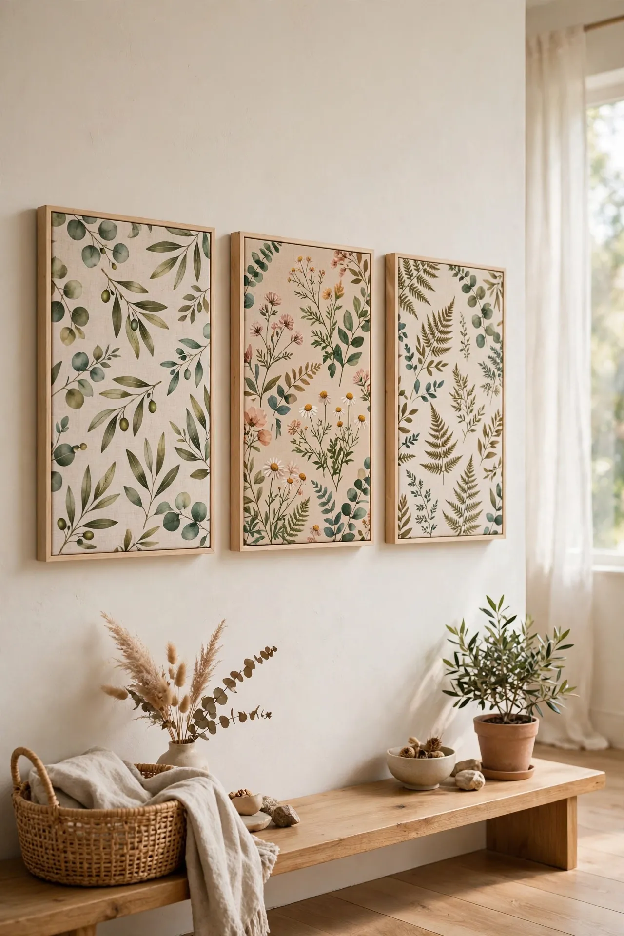 Canvas frames stretched with patterned botanical fabric as wall art