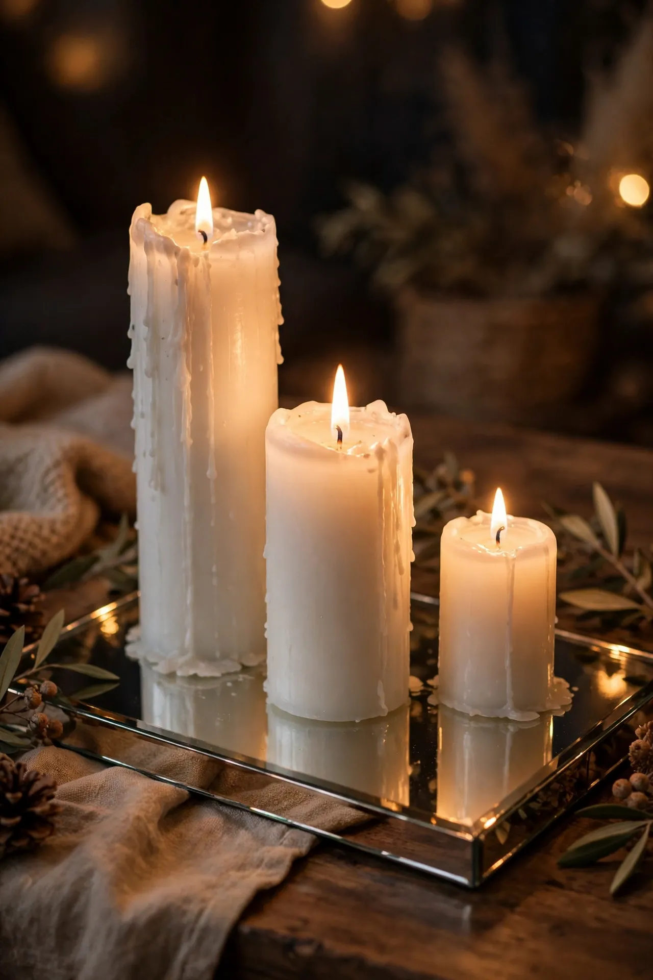 Pillar candles at three heights arranged on a tray
