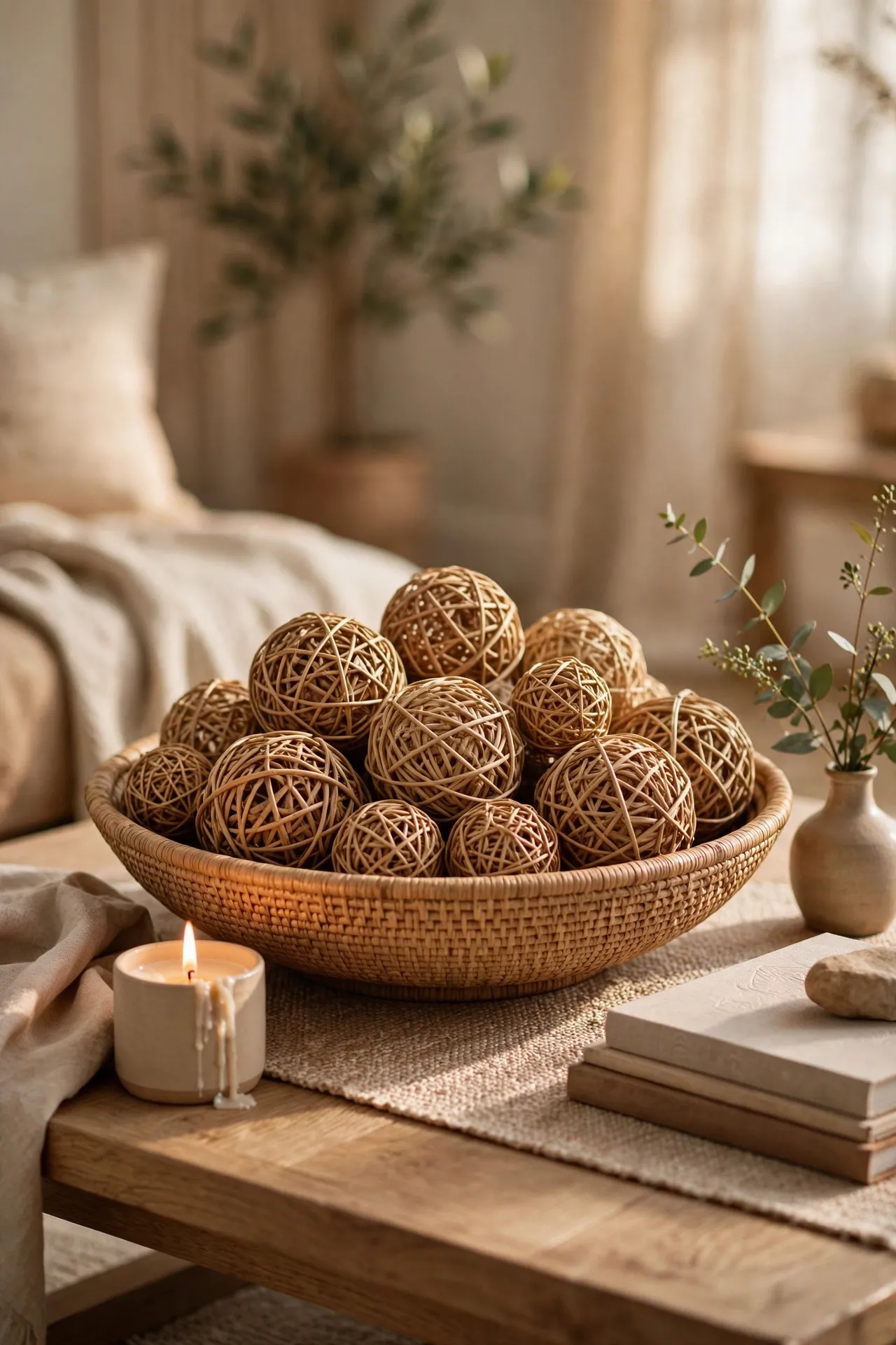 Wide bowl filled with rattan orbs on a coffee table