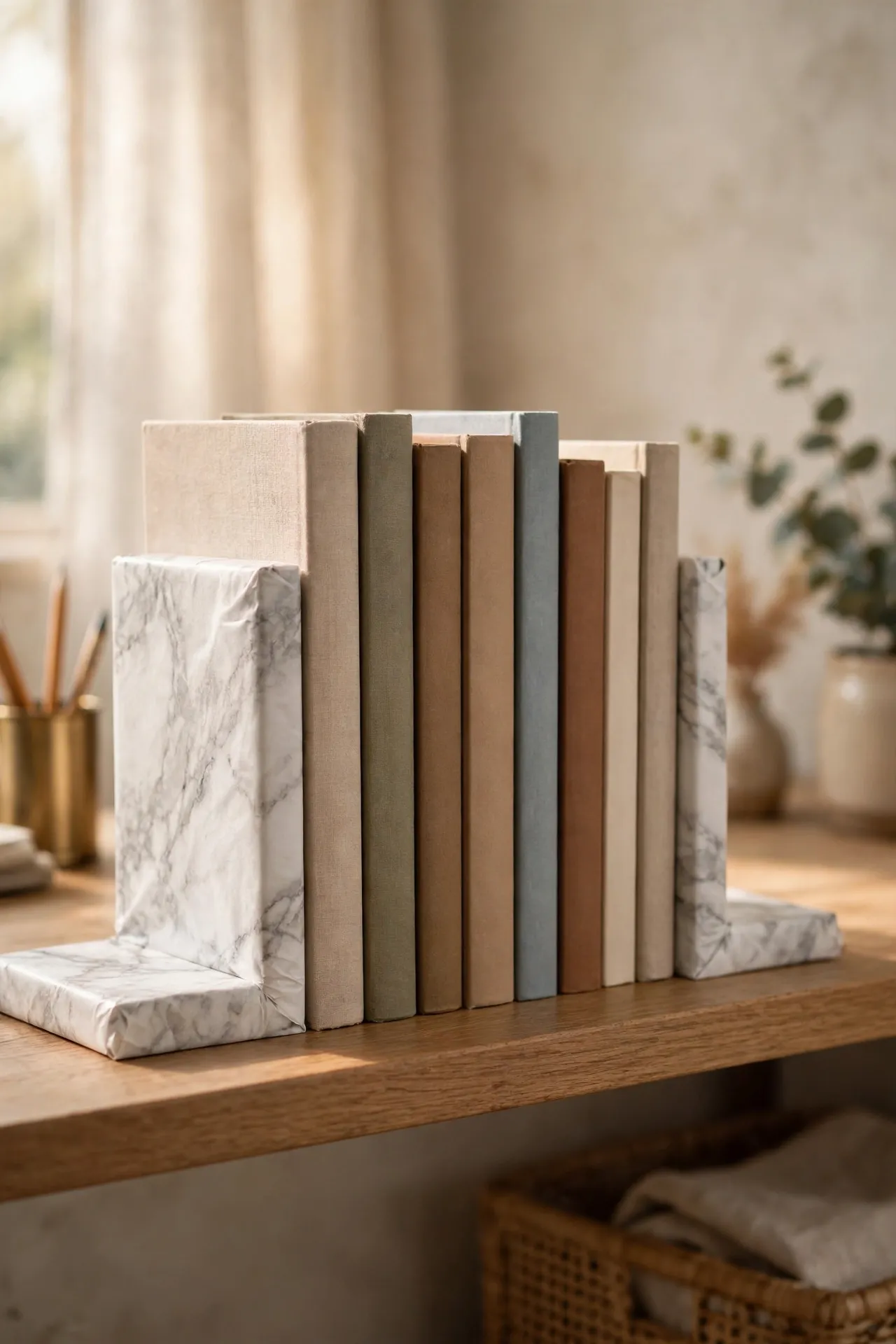 Marble contact paper wrapped bookends holding books on a shelf