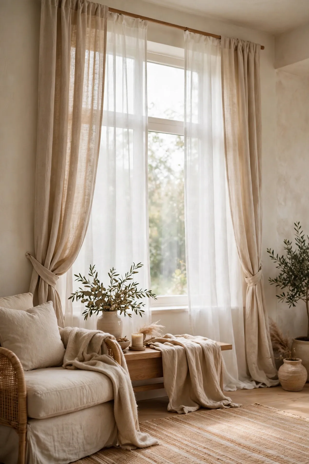 Window with sheer panels layered behind curtains
