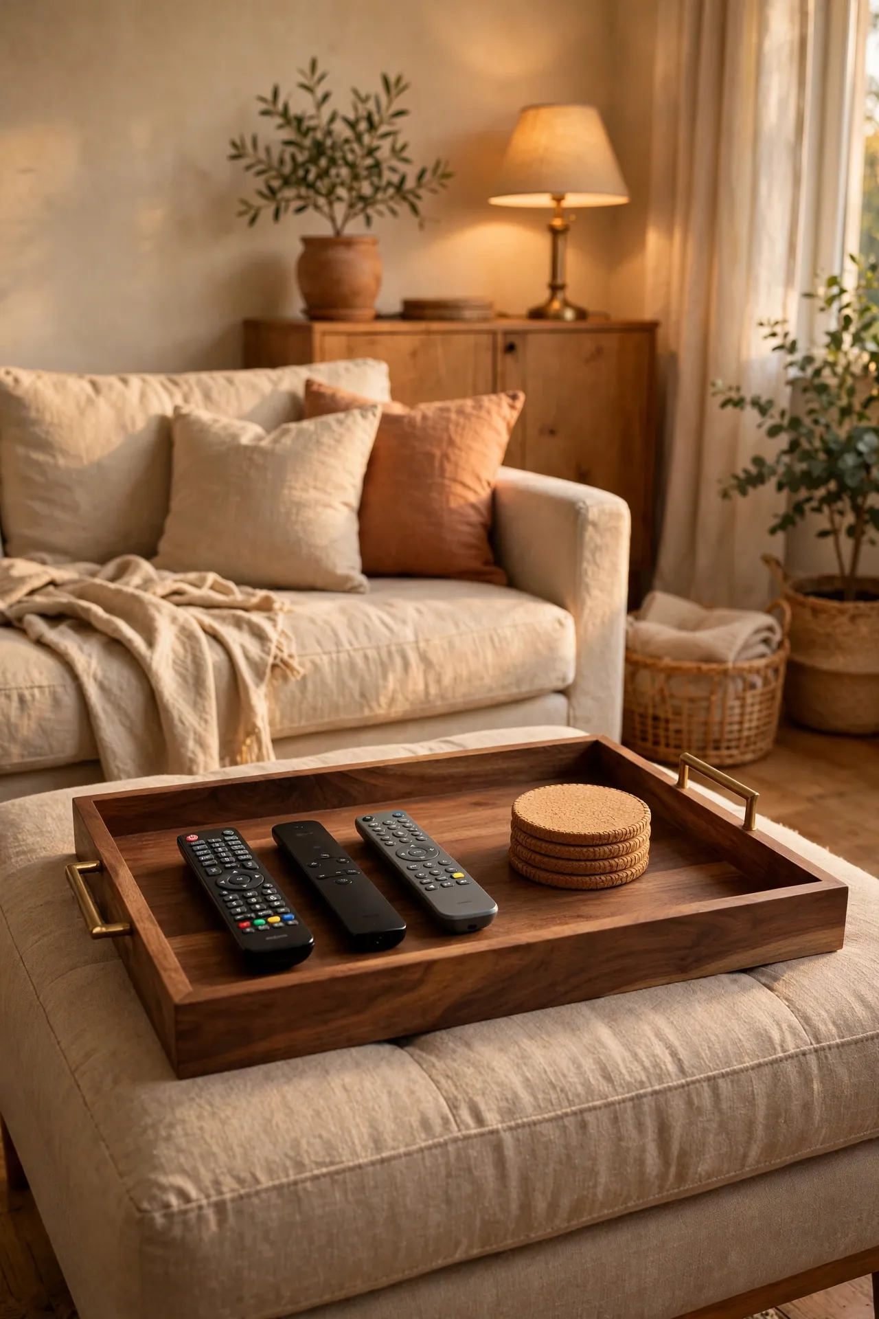 Large tray with remotes and coasters styled on an ottoman