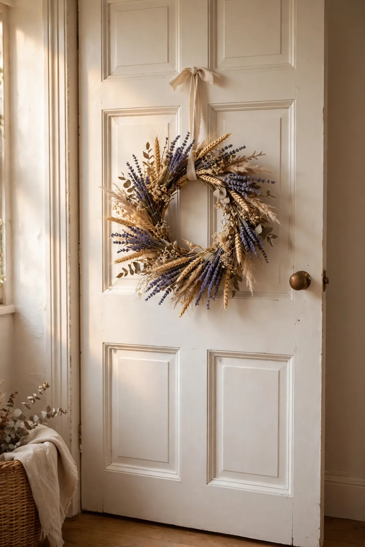 Dried flower wreath hanging on an interior door