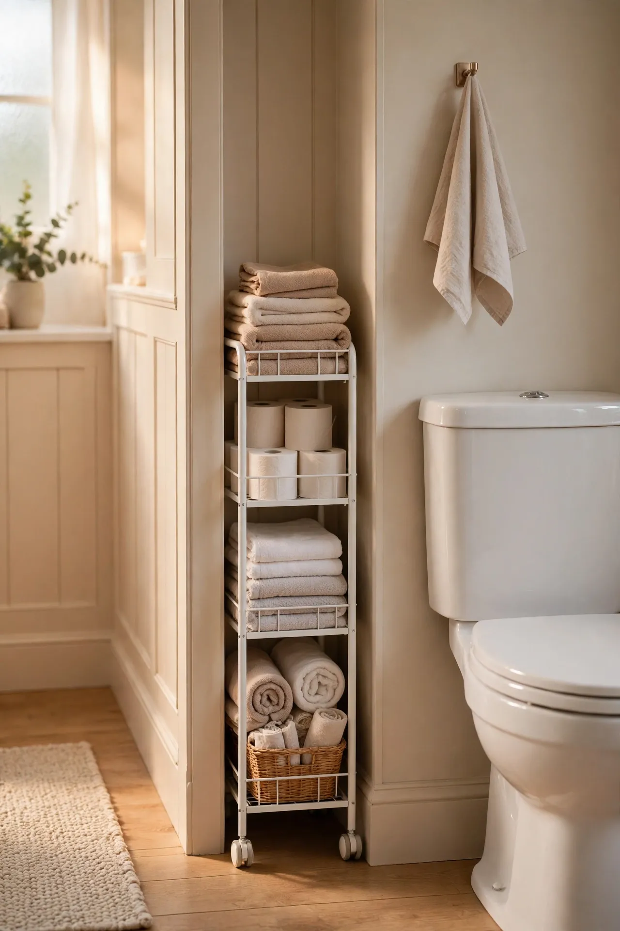 Slim rolling cart fitting in the narrow gap beside a toilet