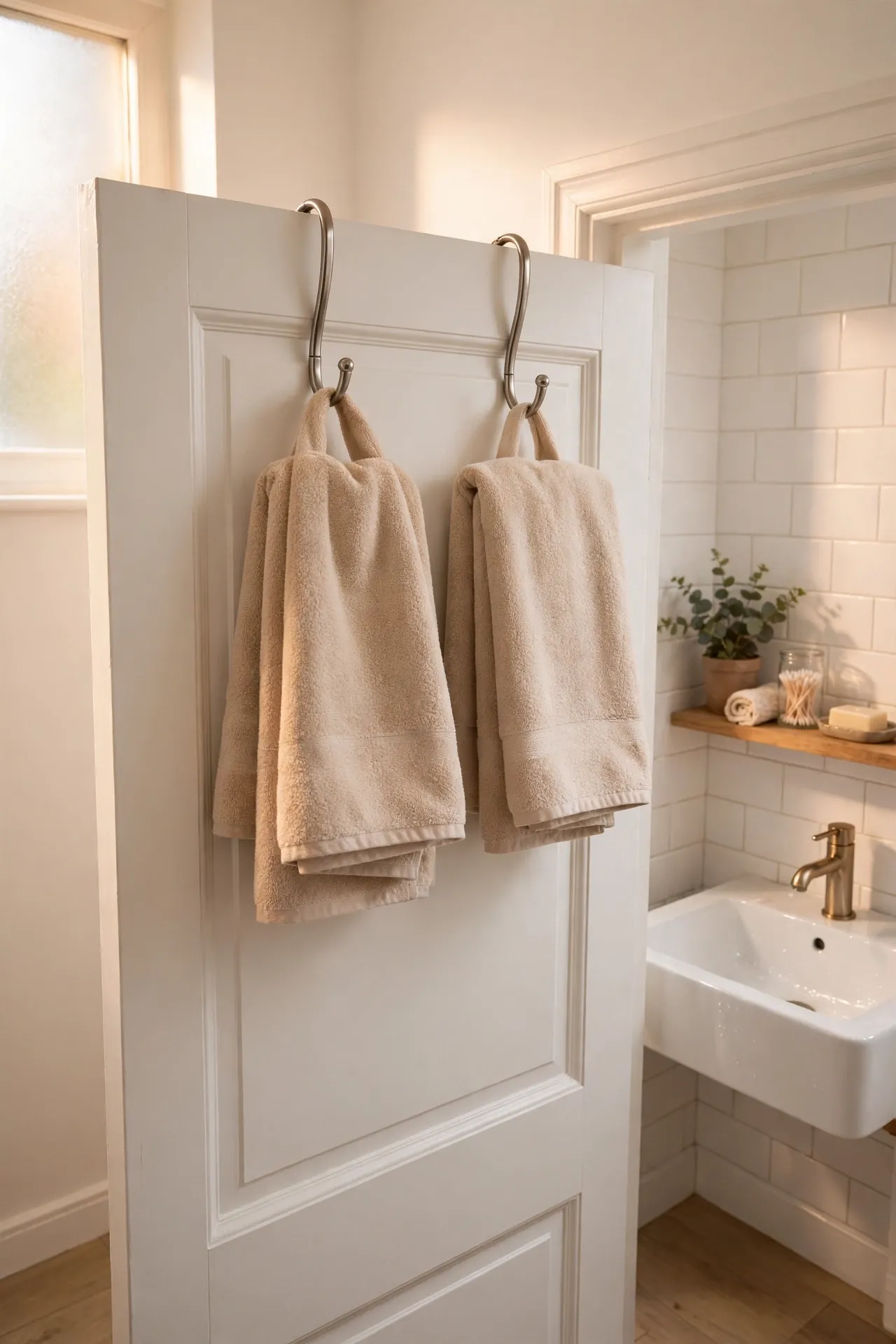 Over-door hooks on a bathroom door holding two towels