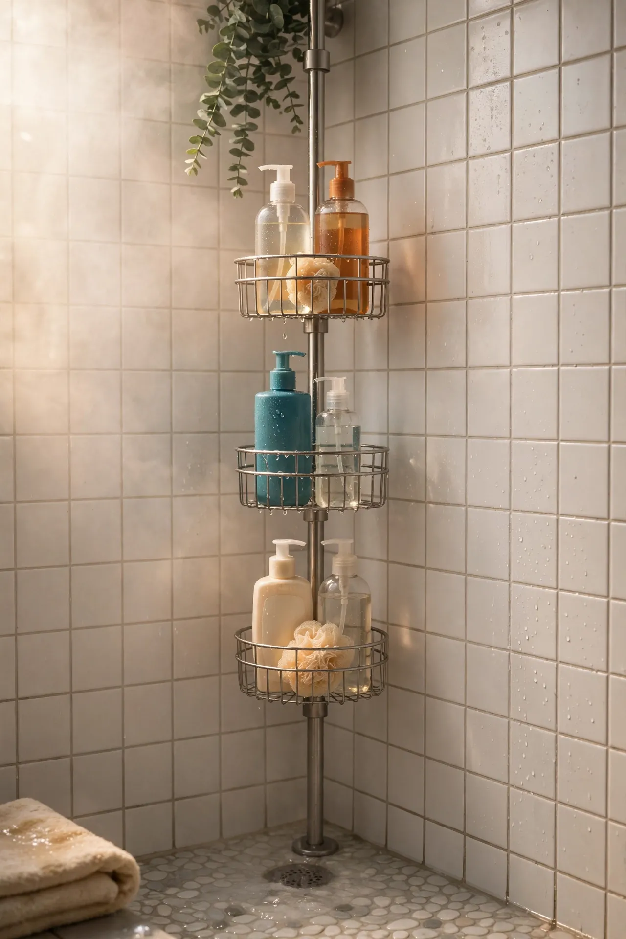 Tension pole corner caddy with baskets in a shower corner