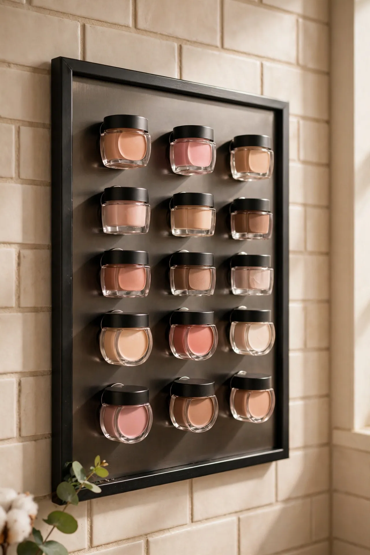 Framed metal sheet on a wall holding makeup pots with magnets