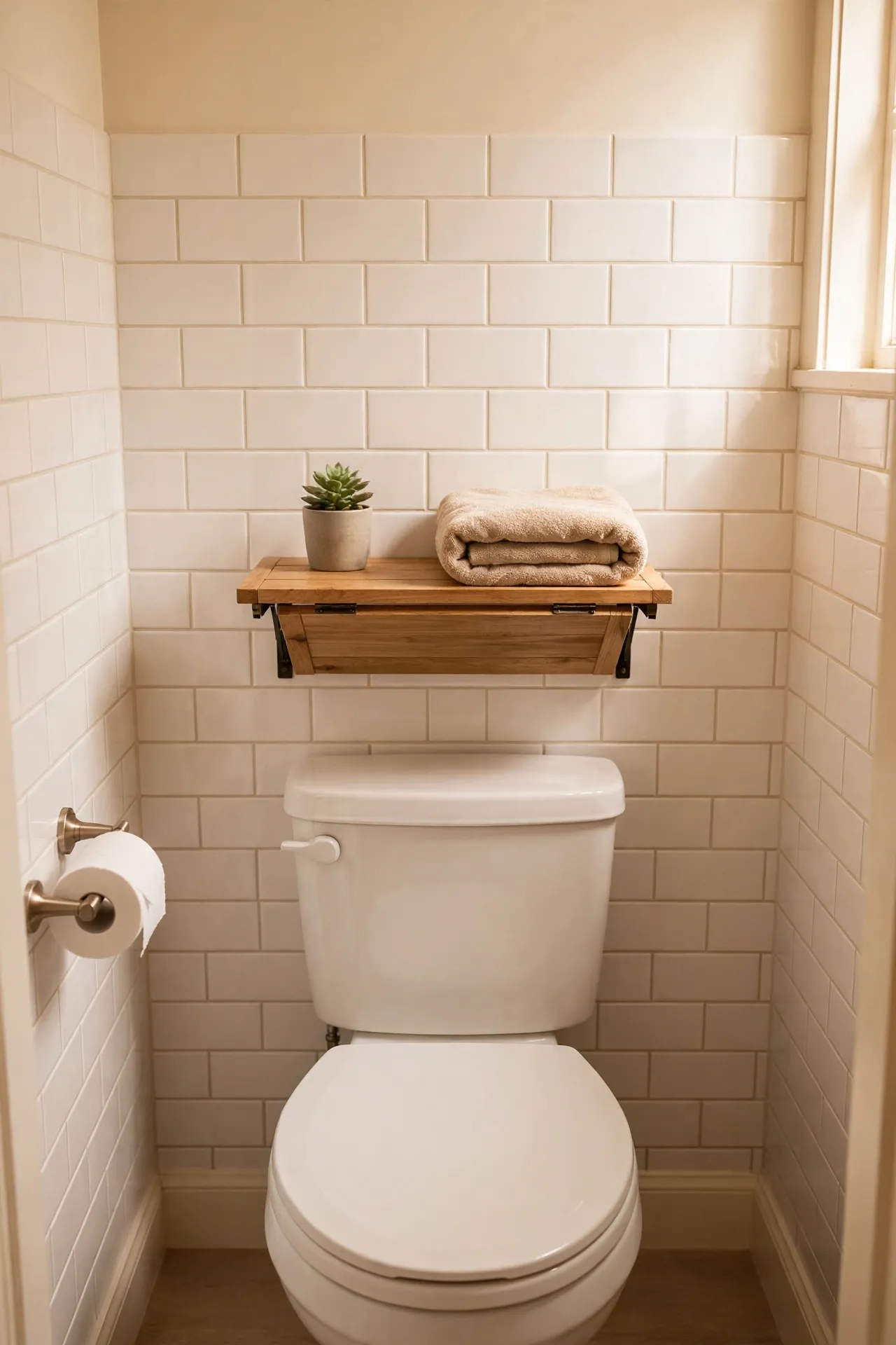 Small folding shelf above a toilet holding a plant and towel
