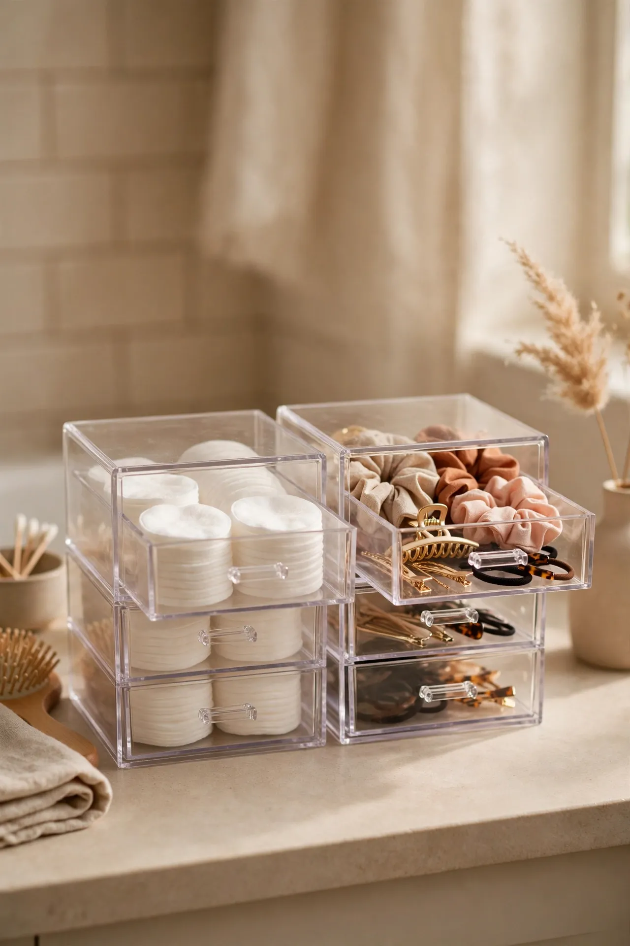 Stackable clear drawers on a bathroom counter with labelled compartments