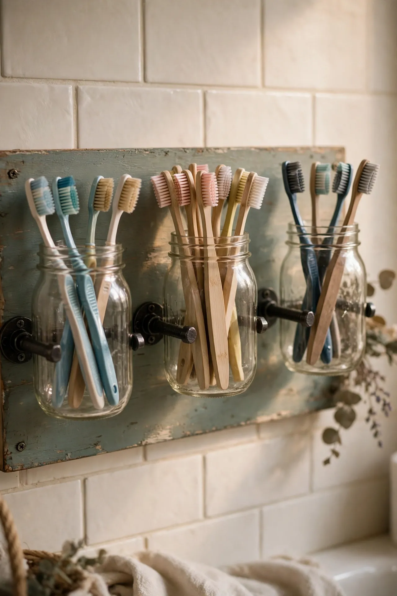 Mason jars clamped to a wooden board hanging by a sink