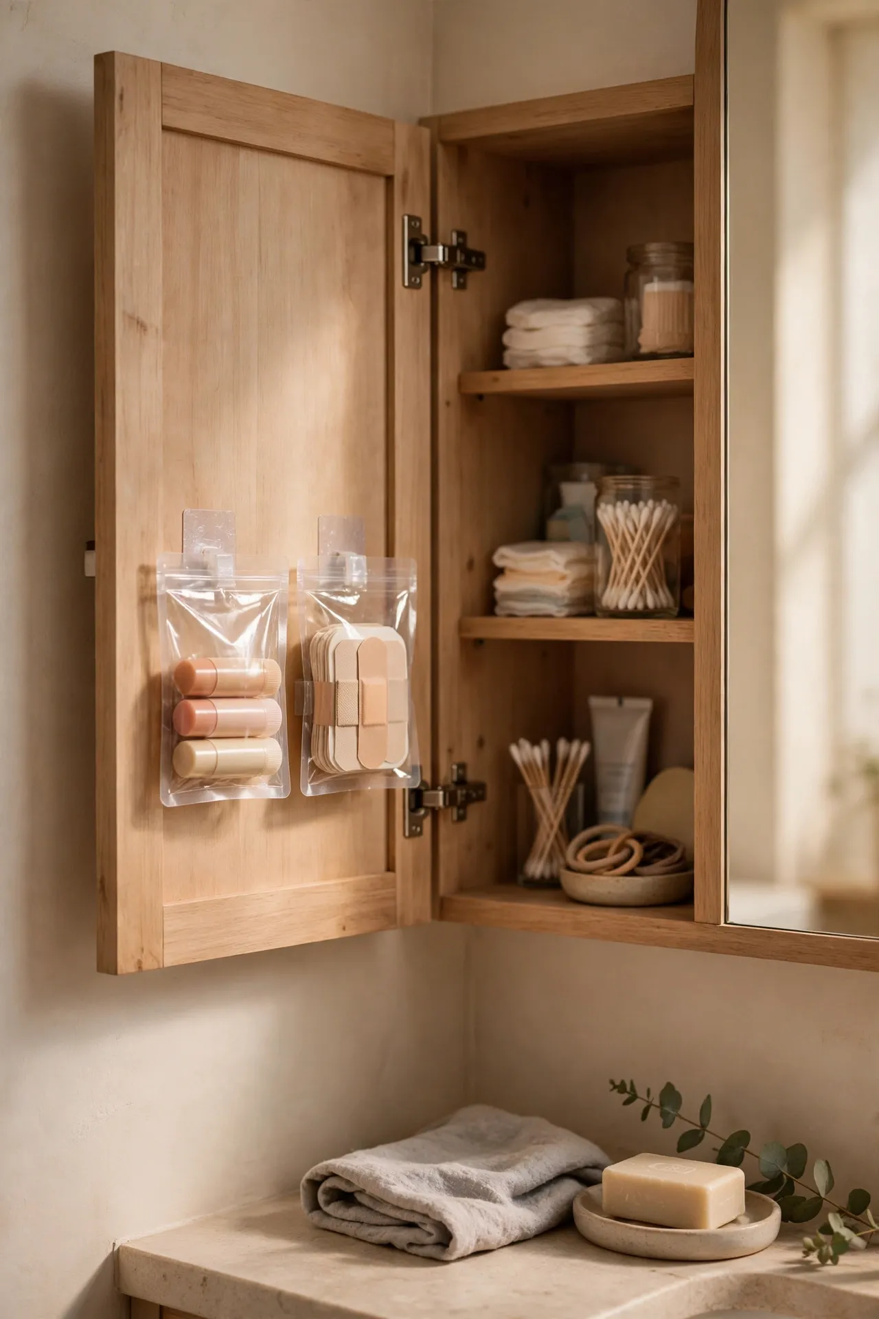 Small adhesive pouches stuck inside a mirror cabinet door