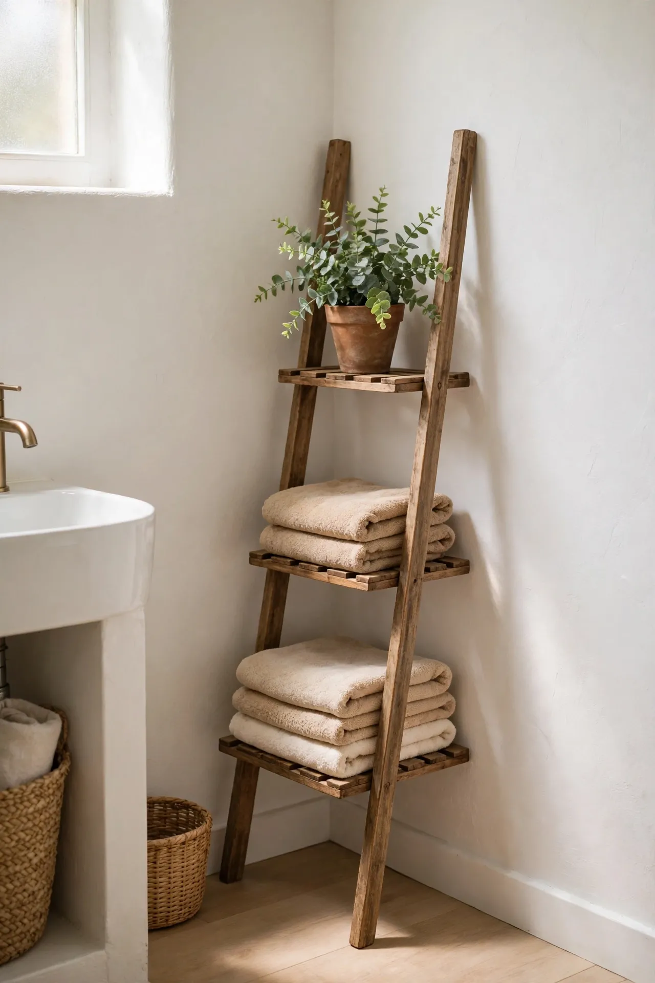 Narrow ladder shelf leaning in a bathroom corner with towels