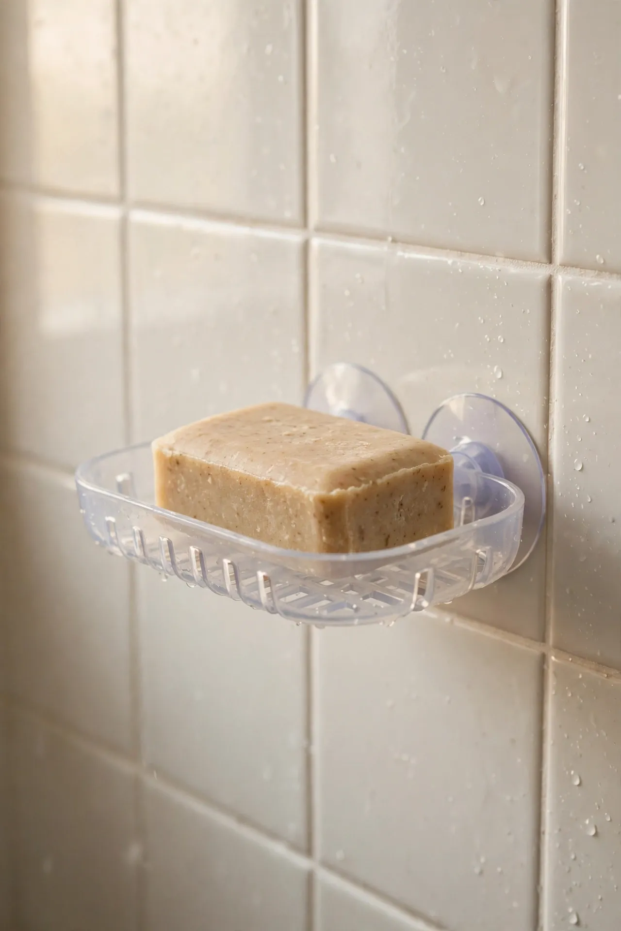 Suction cup soap dish with drainage slots on shower tiles