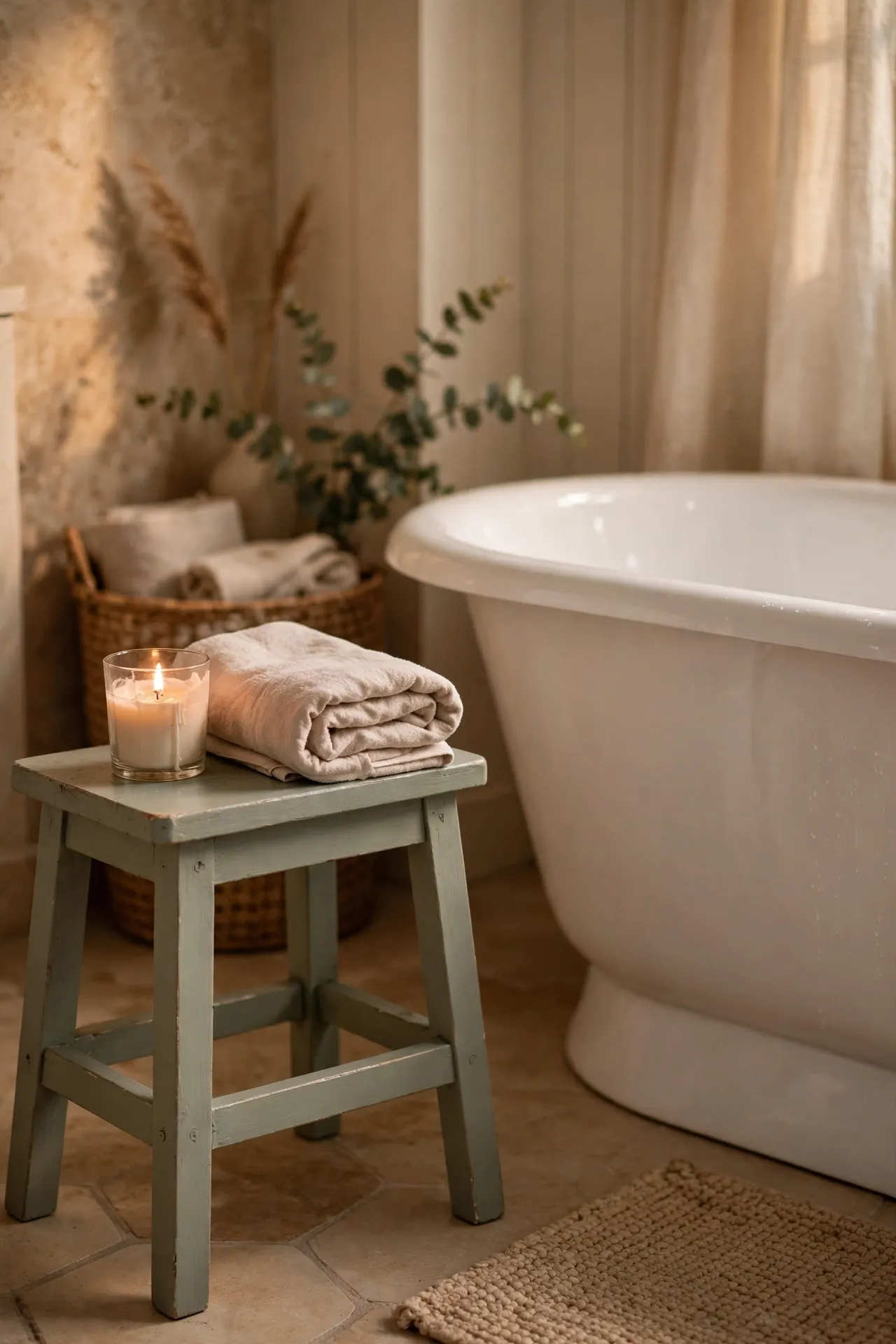 Small painted wooden stool beside a bathtub holding a candle