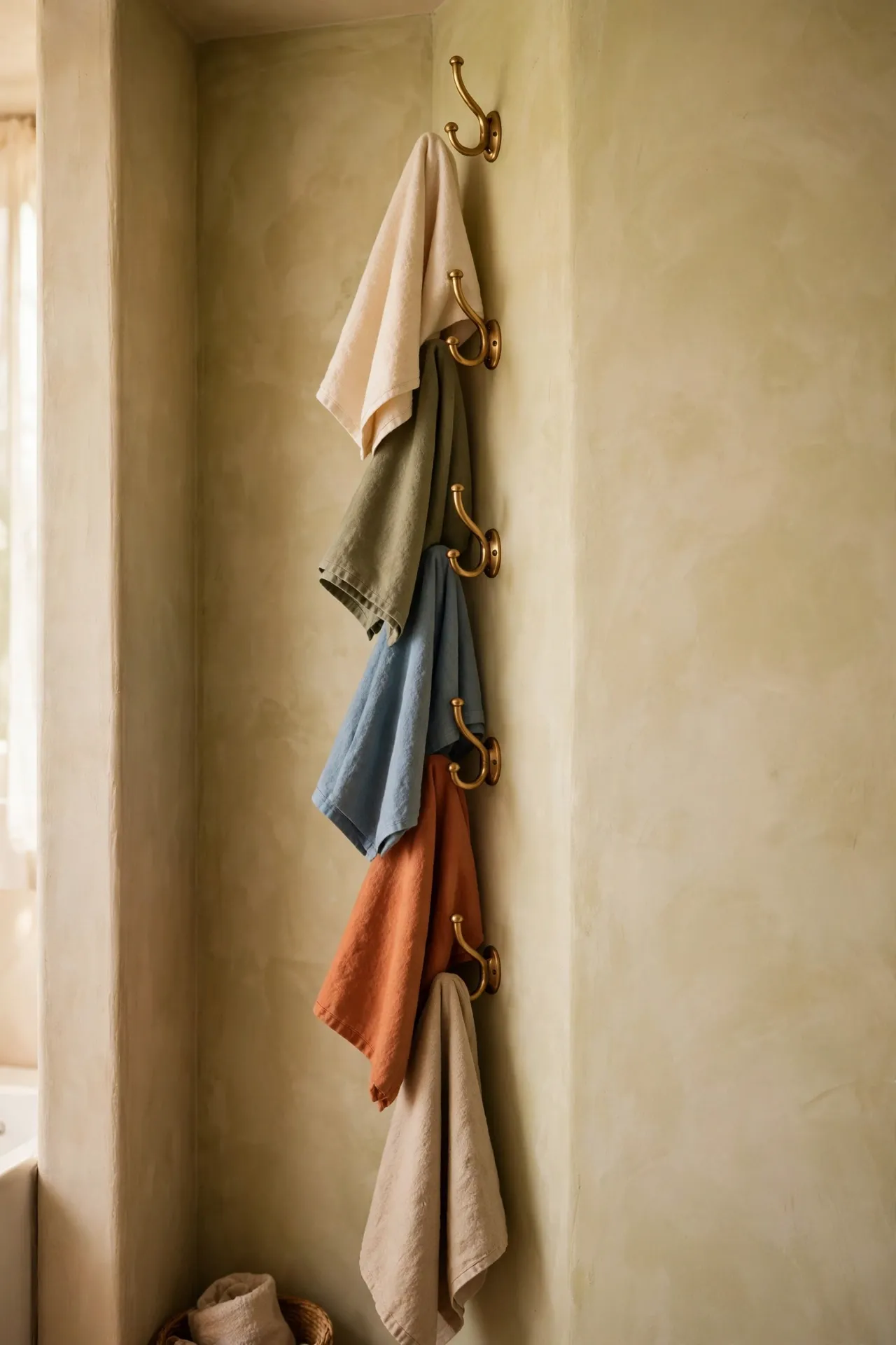 Vertical row of hooks on a narrow bathroom wall with hanging towels