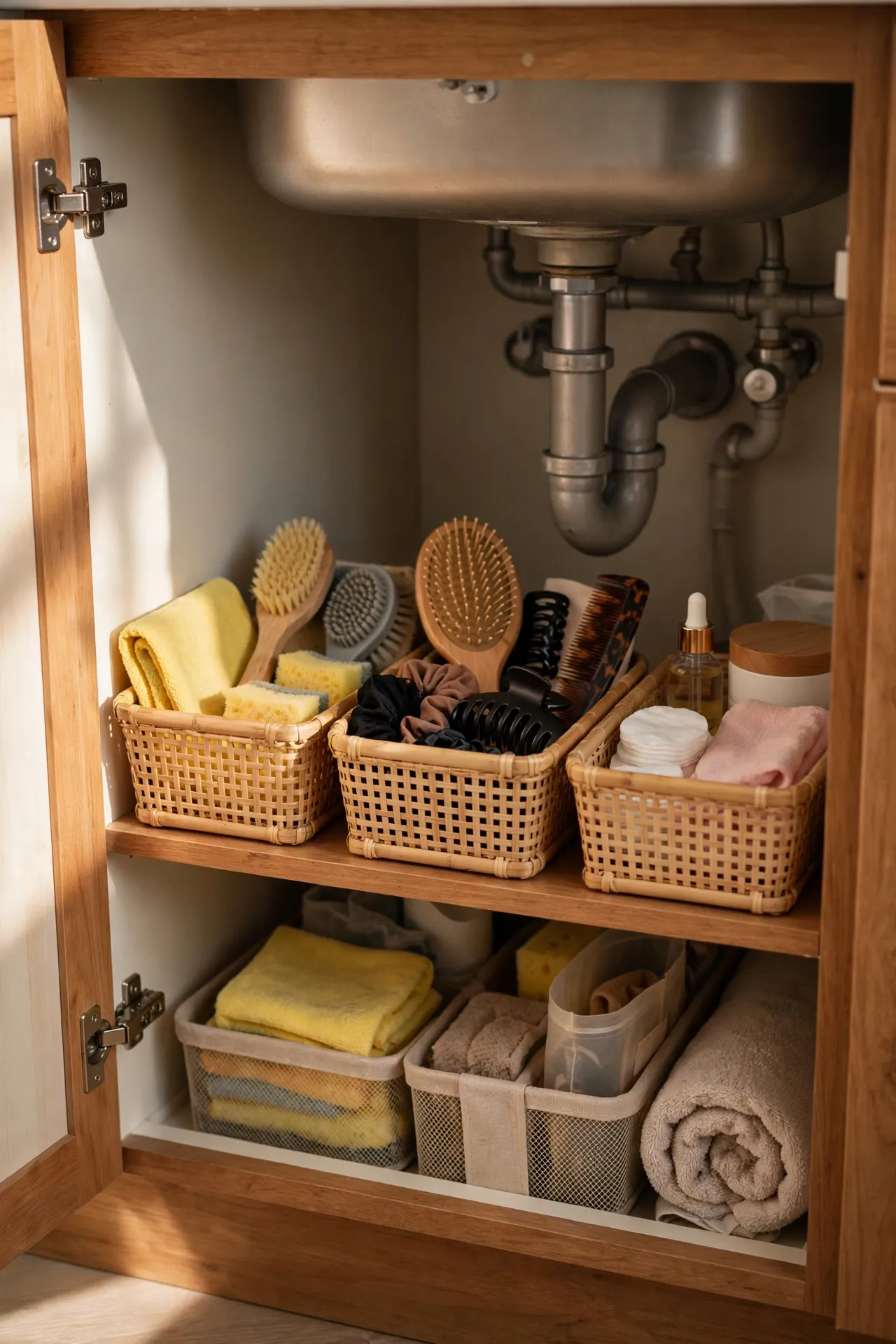 Under-sink cupboard divided into labelled basket zones