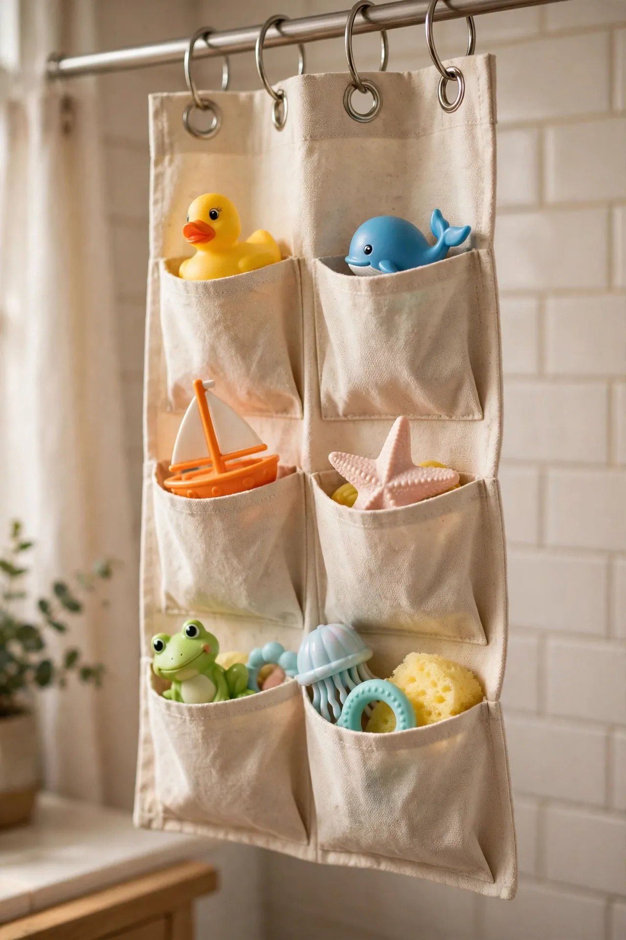 Fabric pocket organiser hanging from shower curtain rings with bath toys