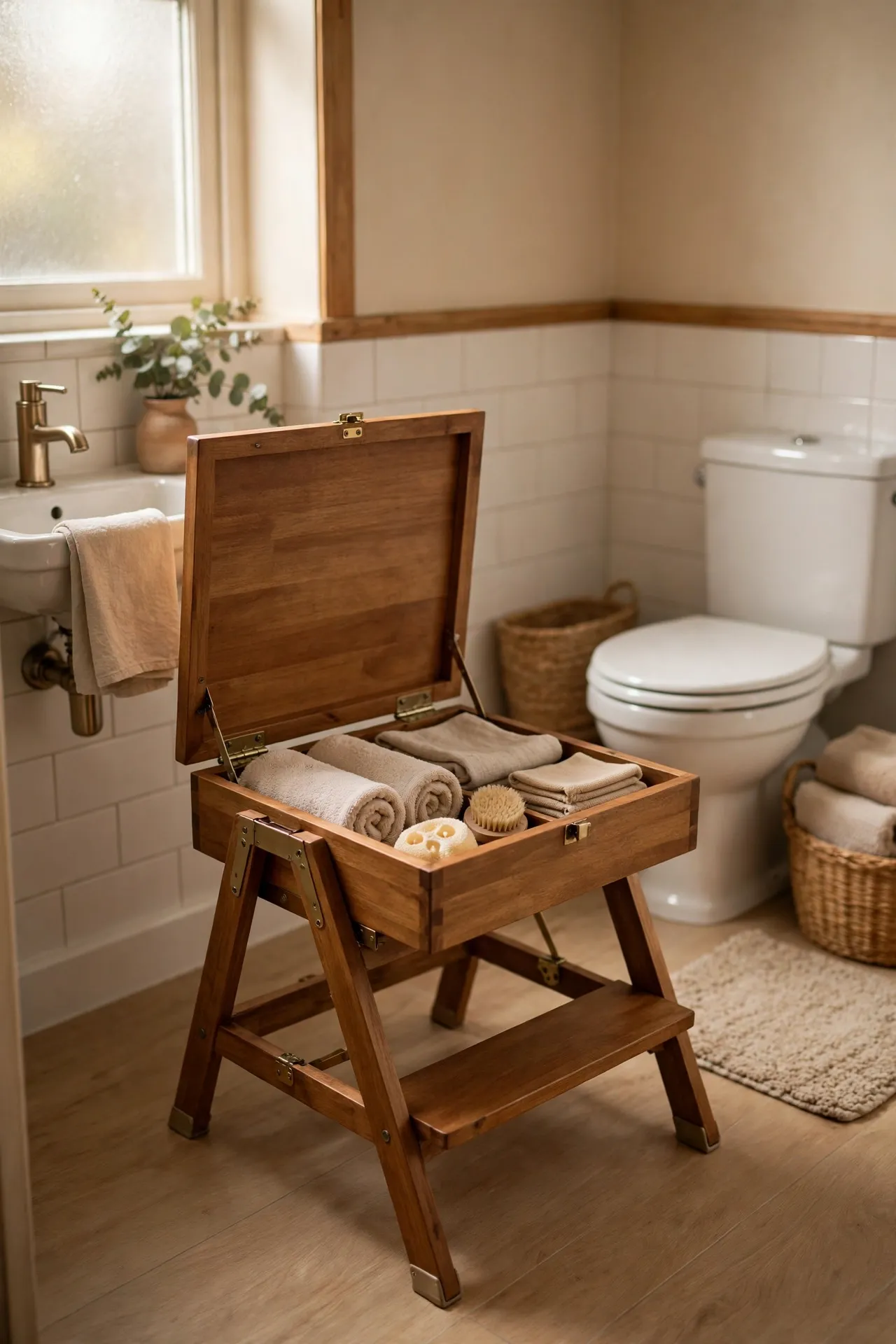 Folding step stool with storage inside for a child's bathroom