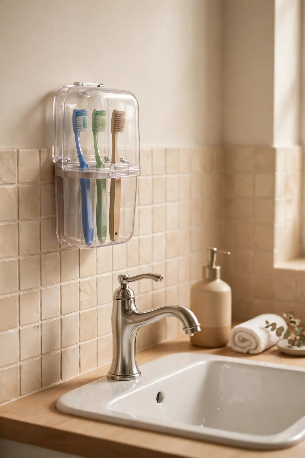 Wall-mounted toothbrush holder with cover beside a sink