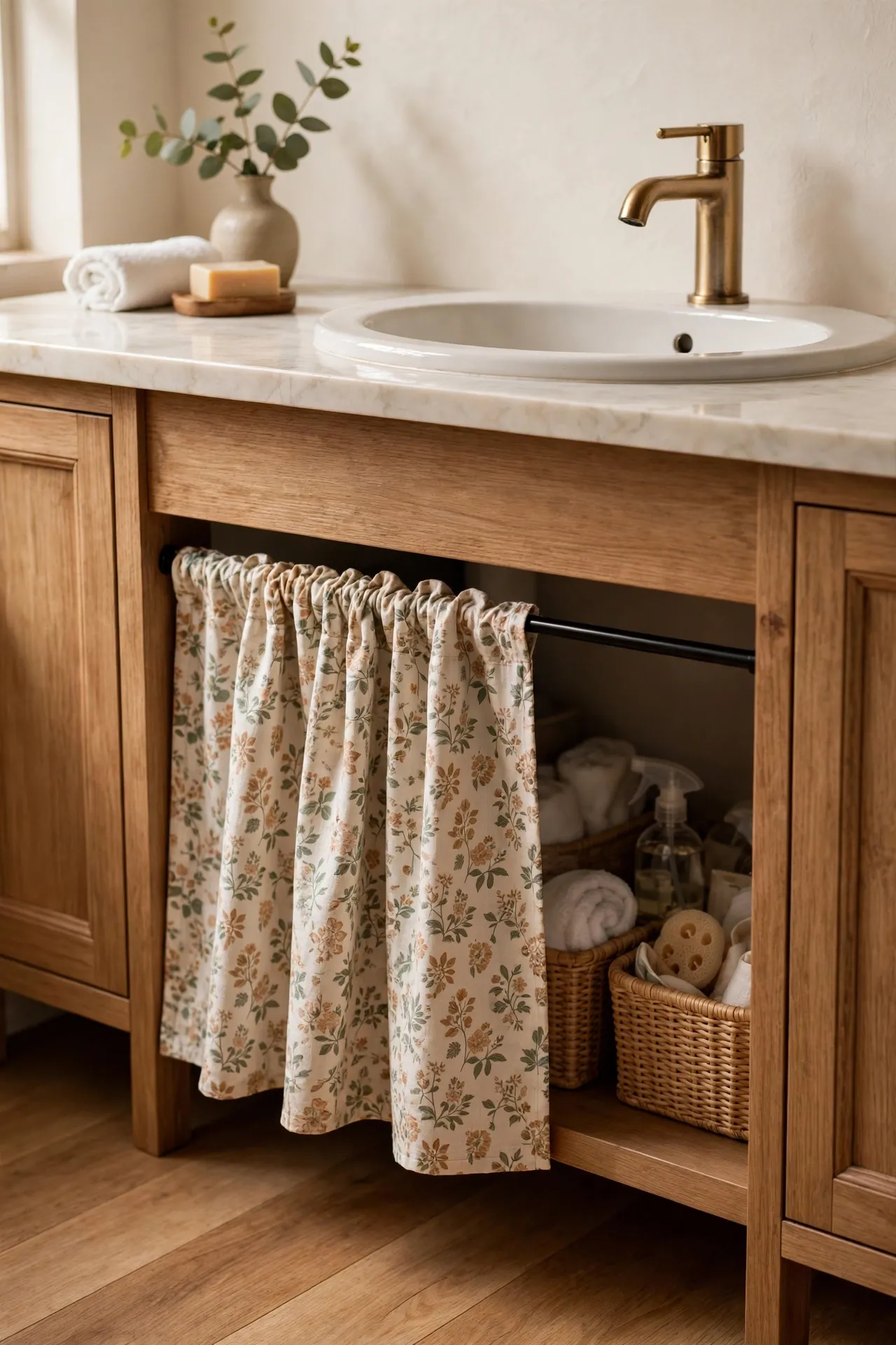 Small curtain on a tension rod hiding an open bathroom vanity