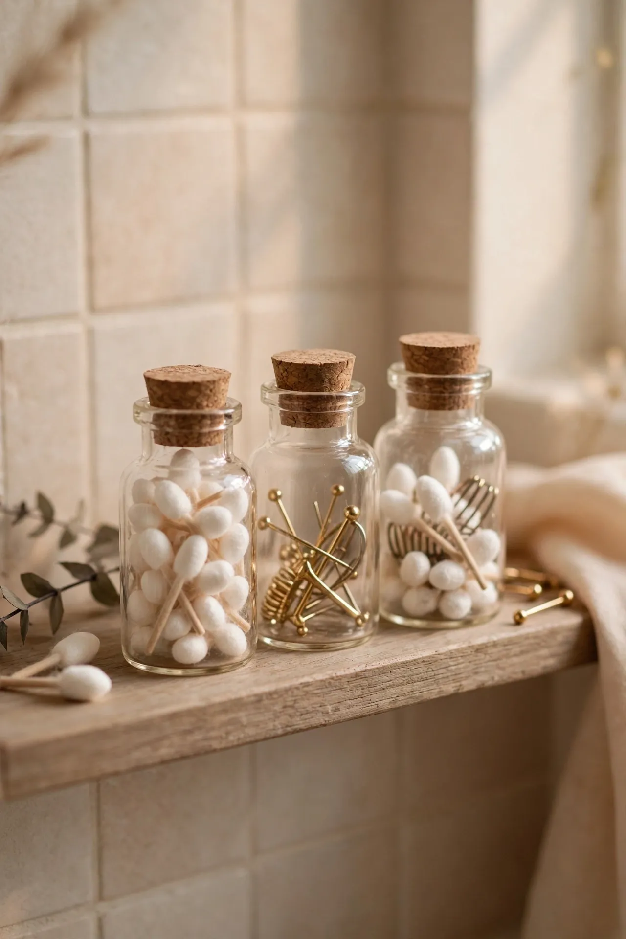 Tiny glass apothecary bottles with corks holding cotton buds