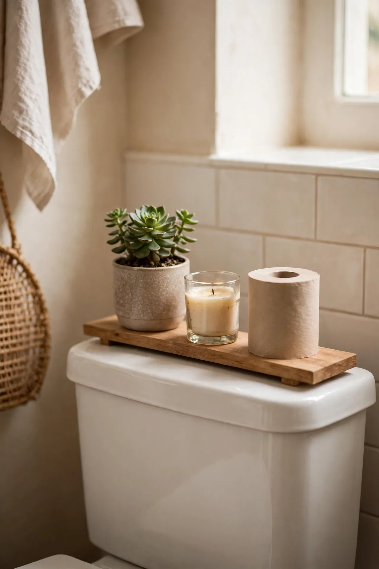 Narrow shelf sitting on top of a toilet tank with a plant and candle