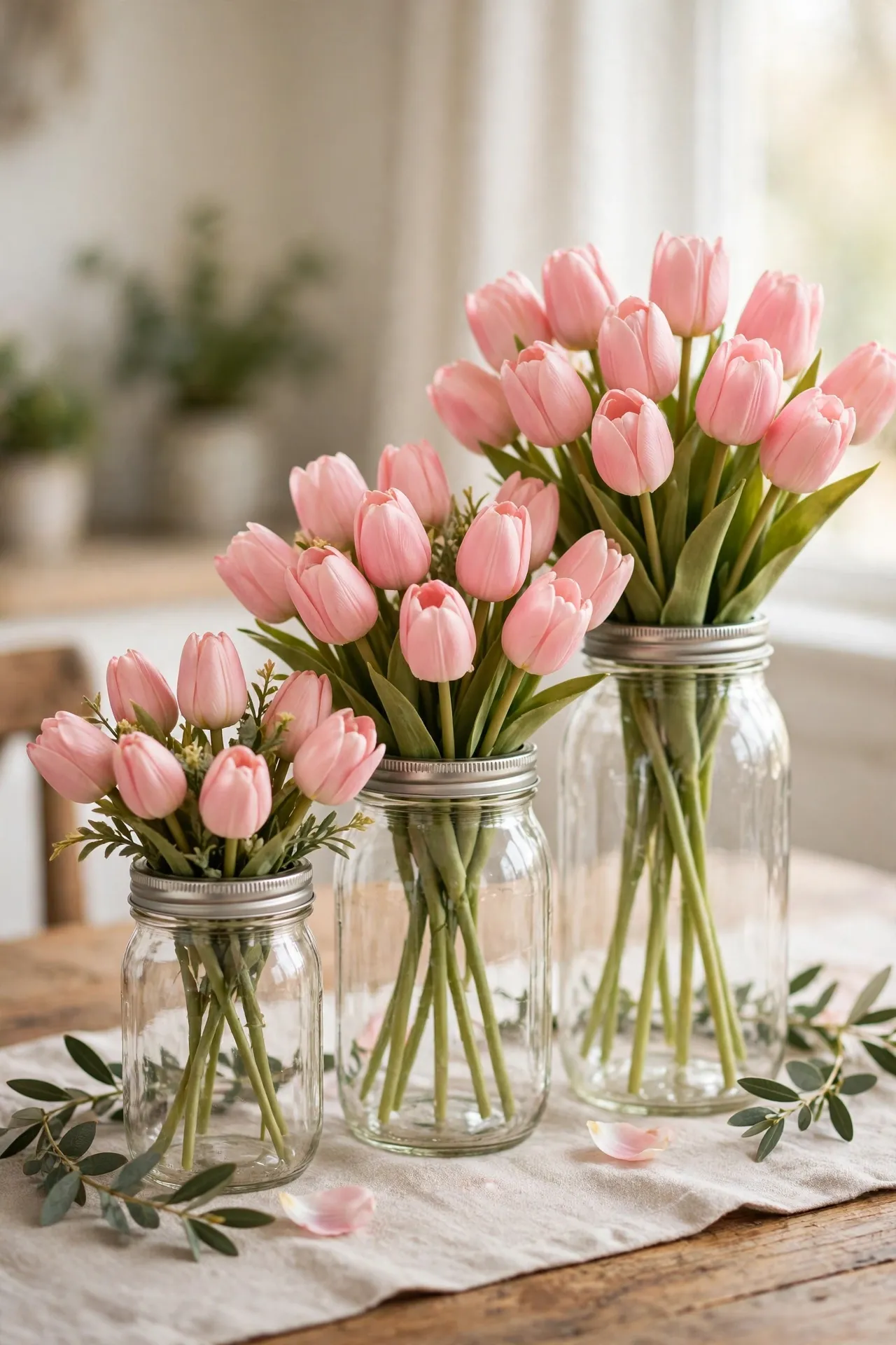 Three mason jars with faux pink tulips as a spring centerpiece