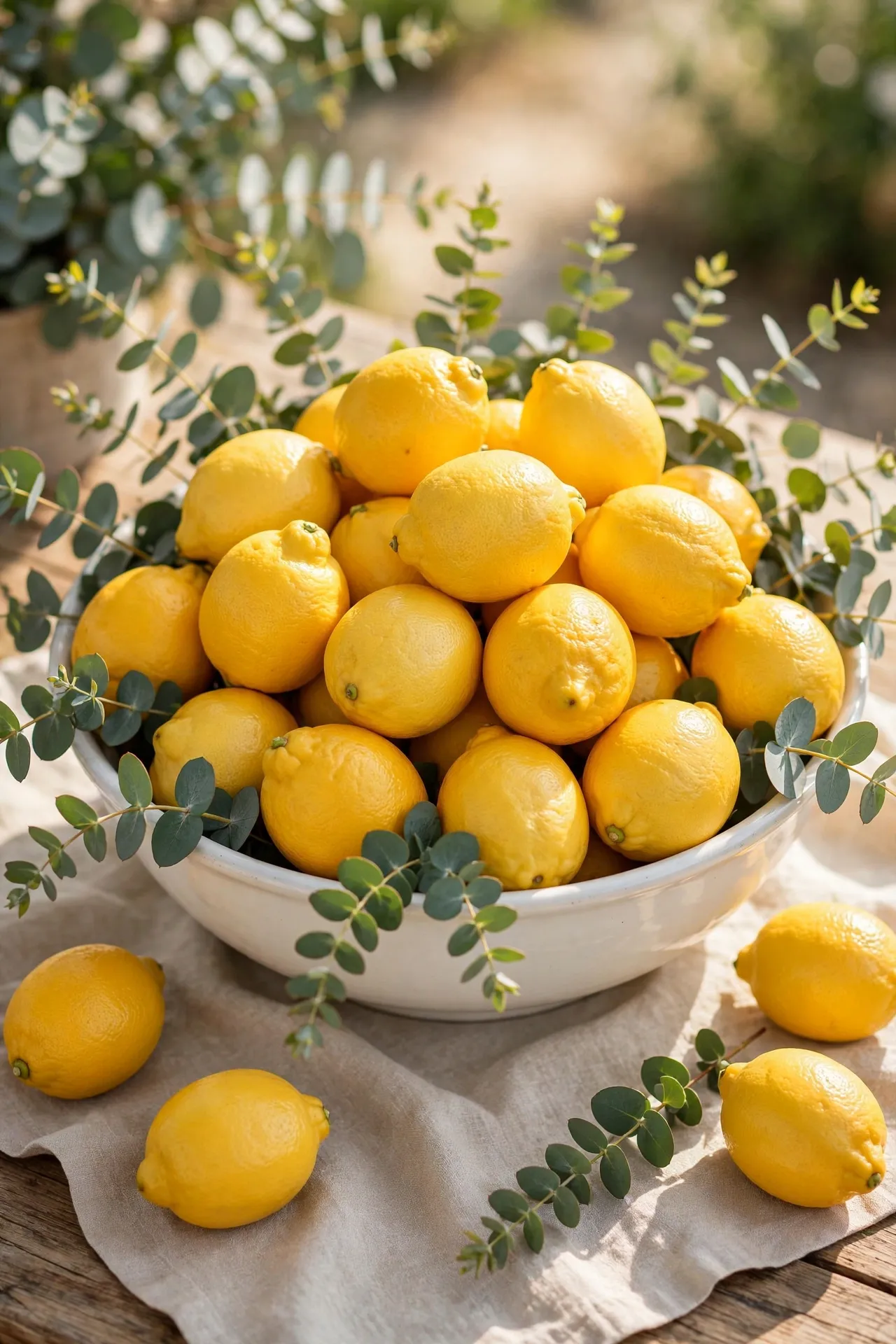 Wide bowl piled with lemons and greenery sprigs