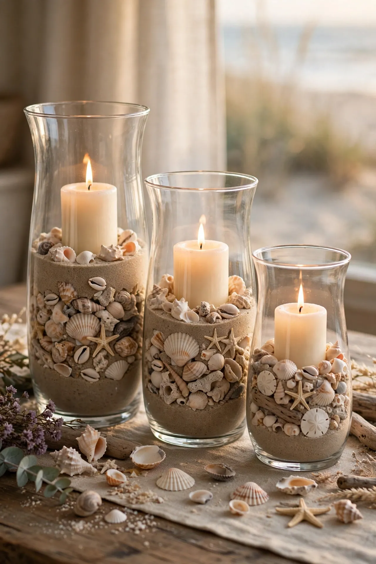 Glass hurricane vases with sand shells and pillar candles