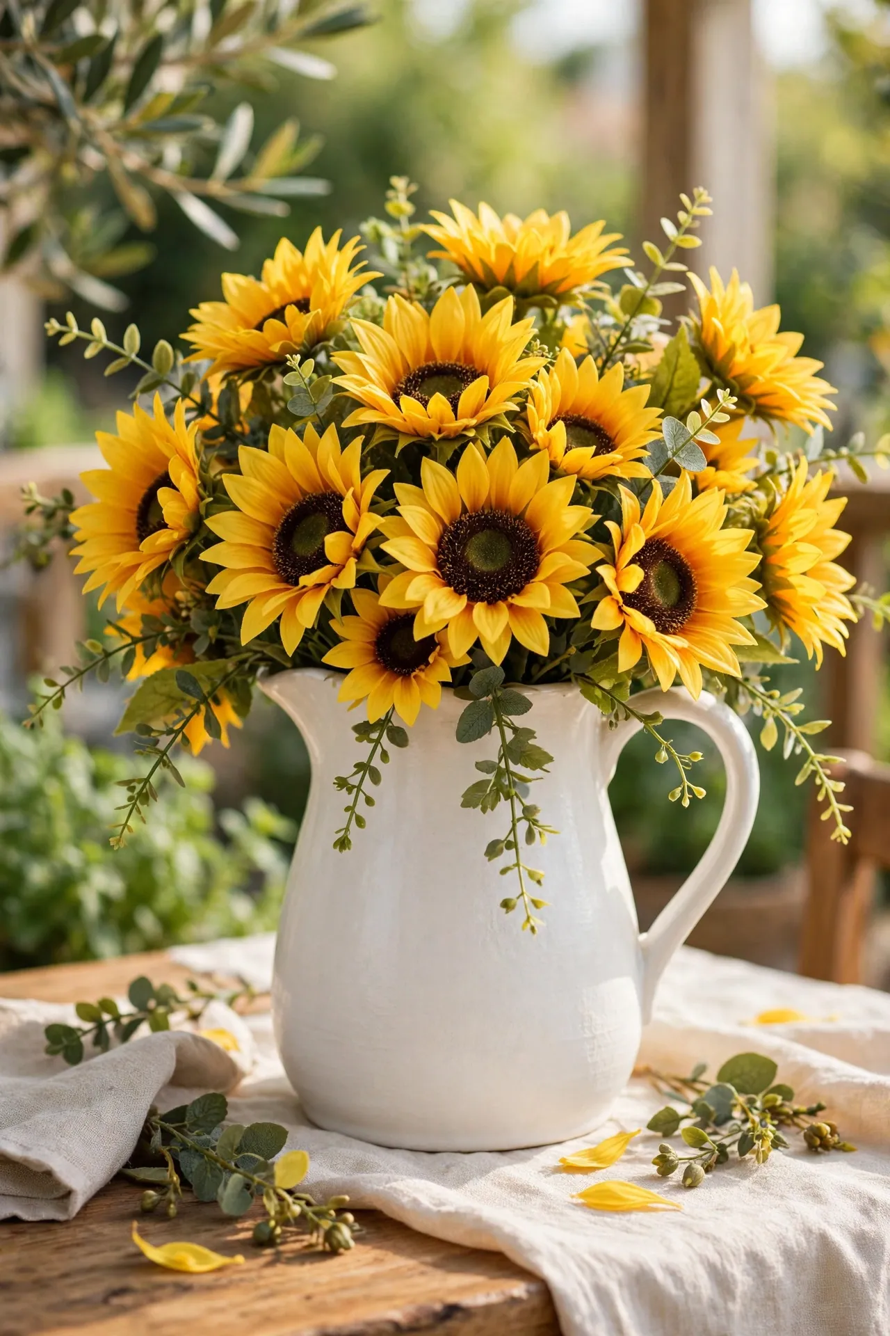 White pitcher filled with faux sunflowers
