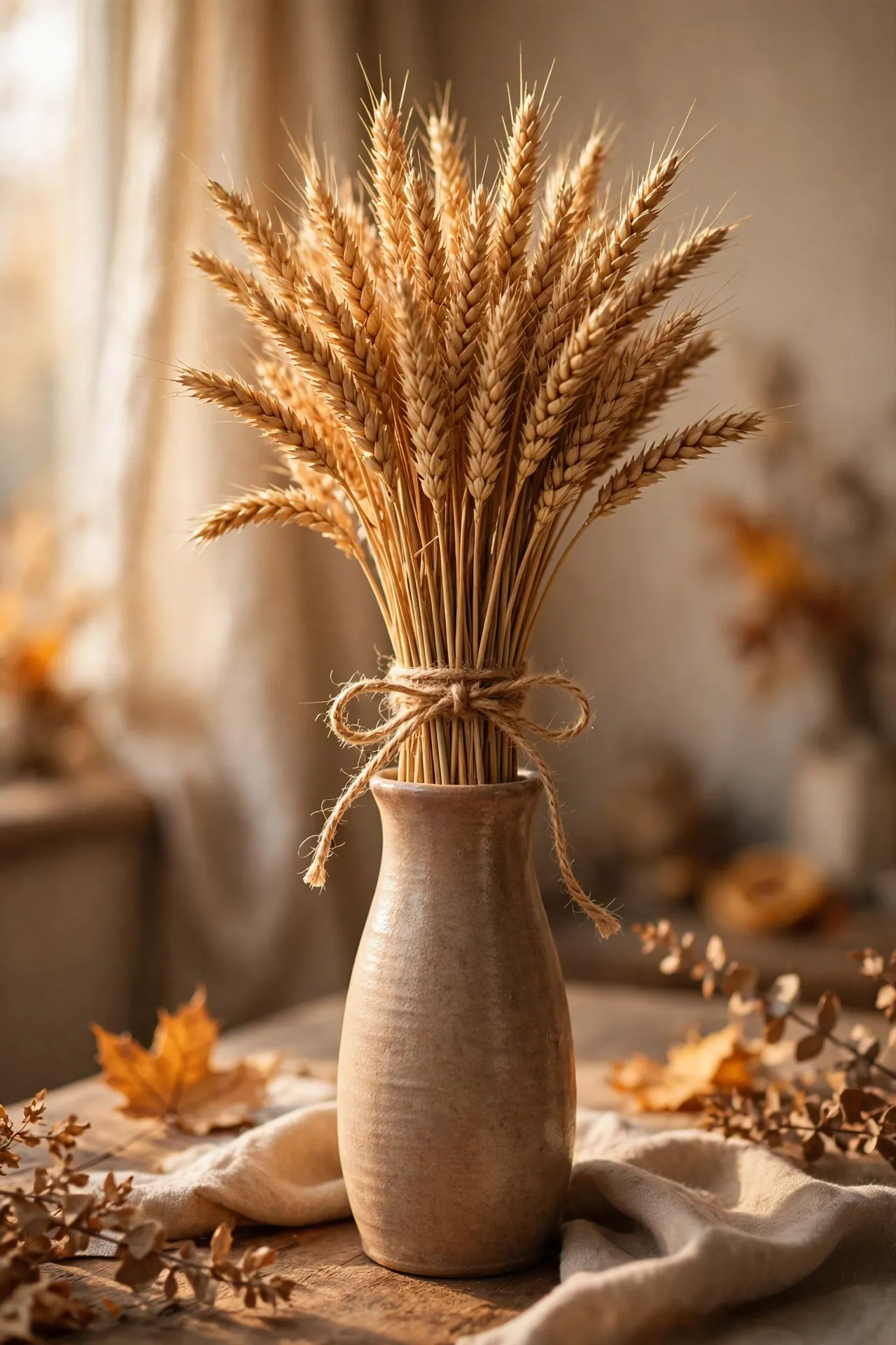 Dried wheat bundle tied with twine in a tall vase