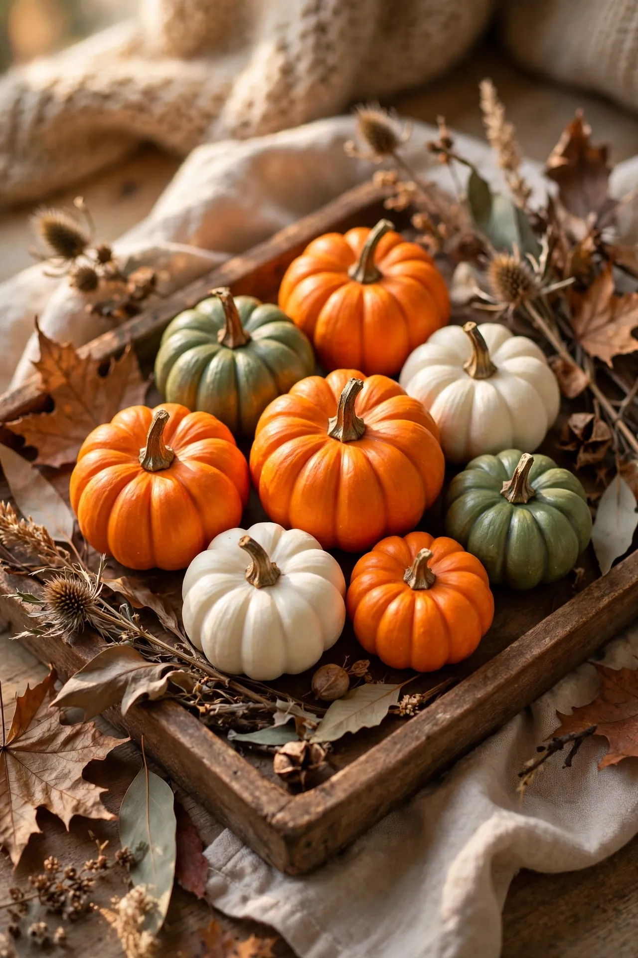 Mini faux pumpkins arranged on a wooden tray with dried leaves