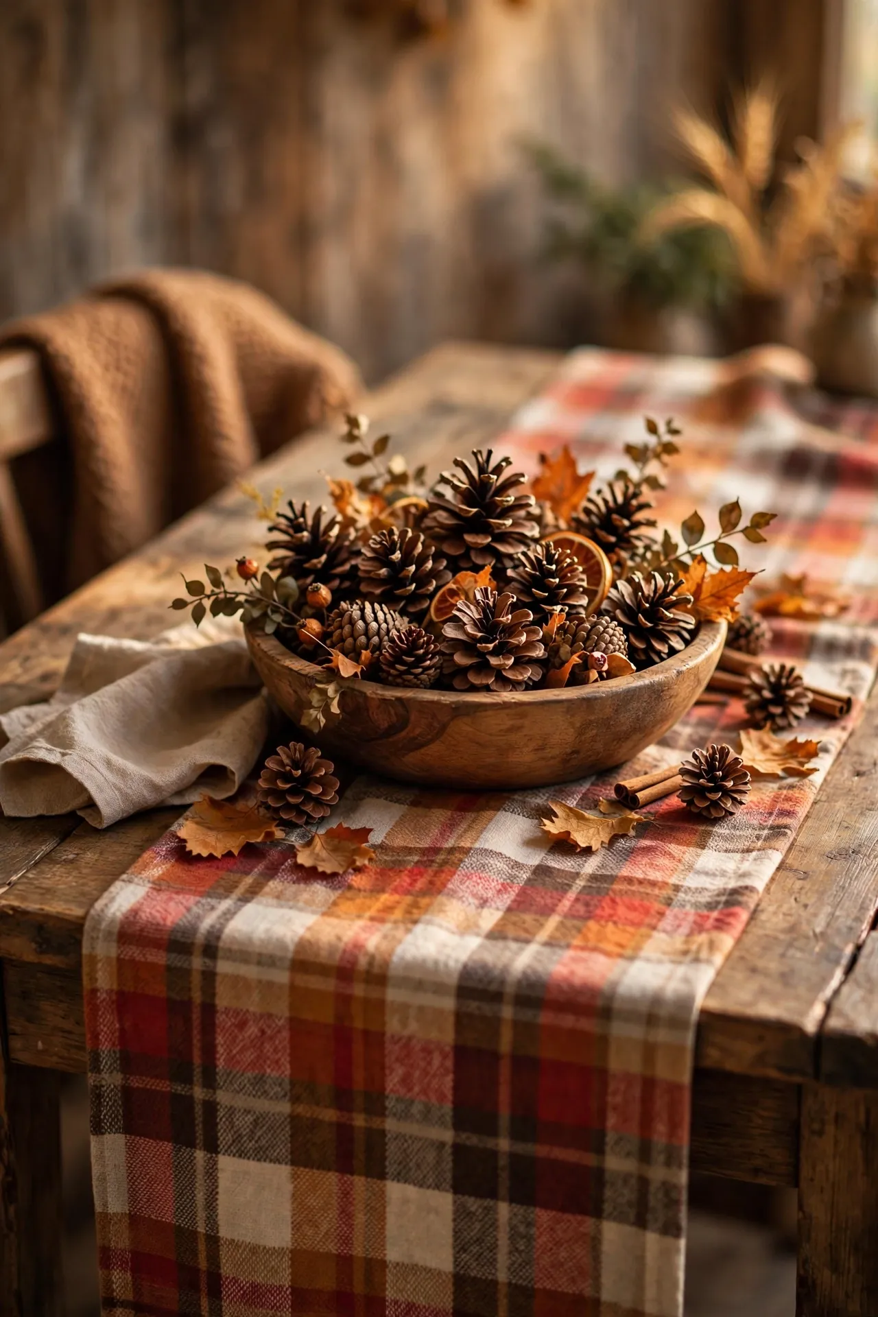 Plaid runner with a bowl of pinecones on an autumn table