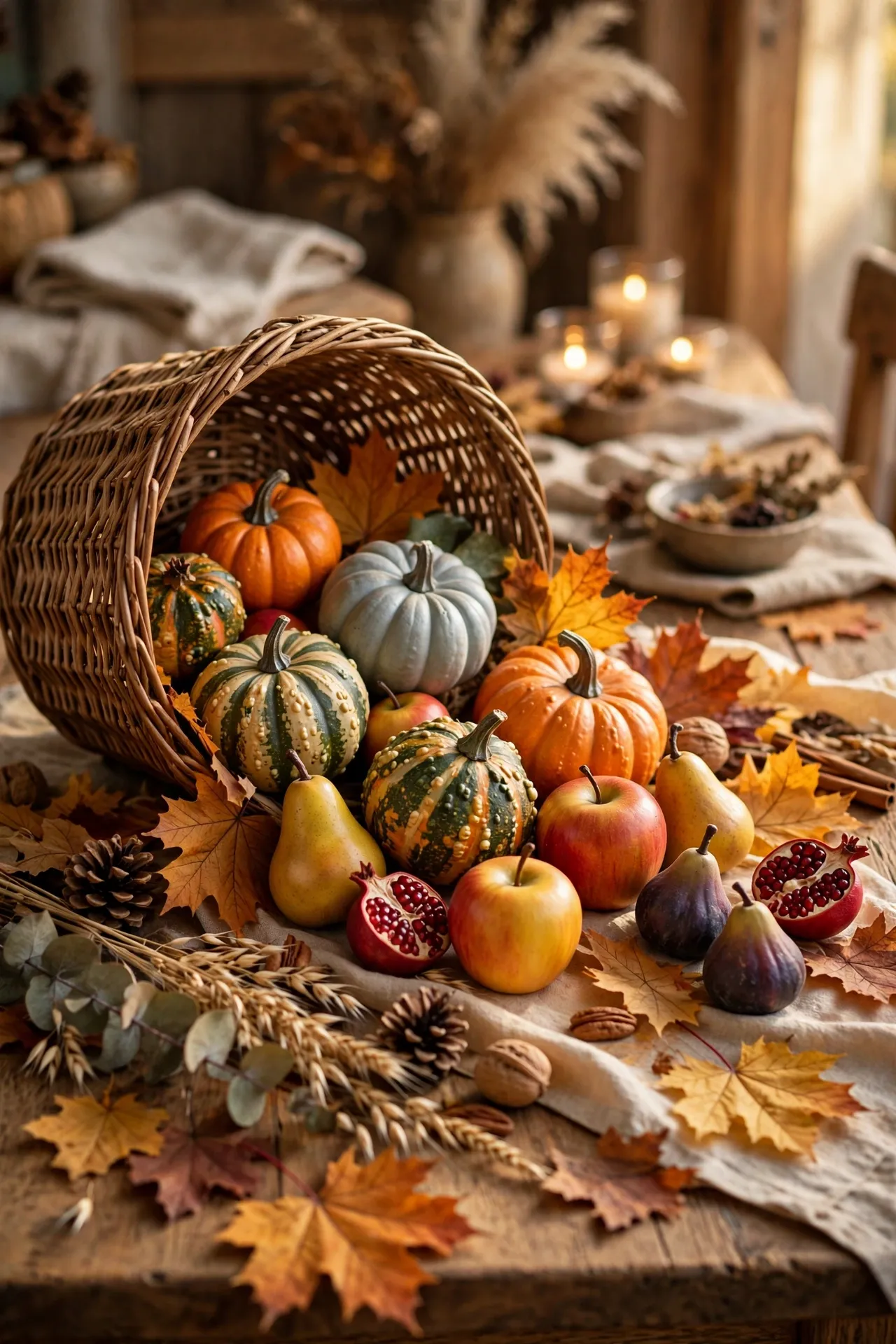 Cornucopia basket tipped on its side spilling faux fruit and gourds
