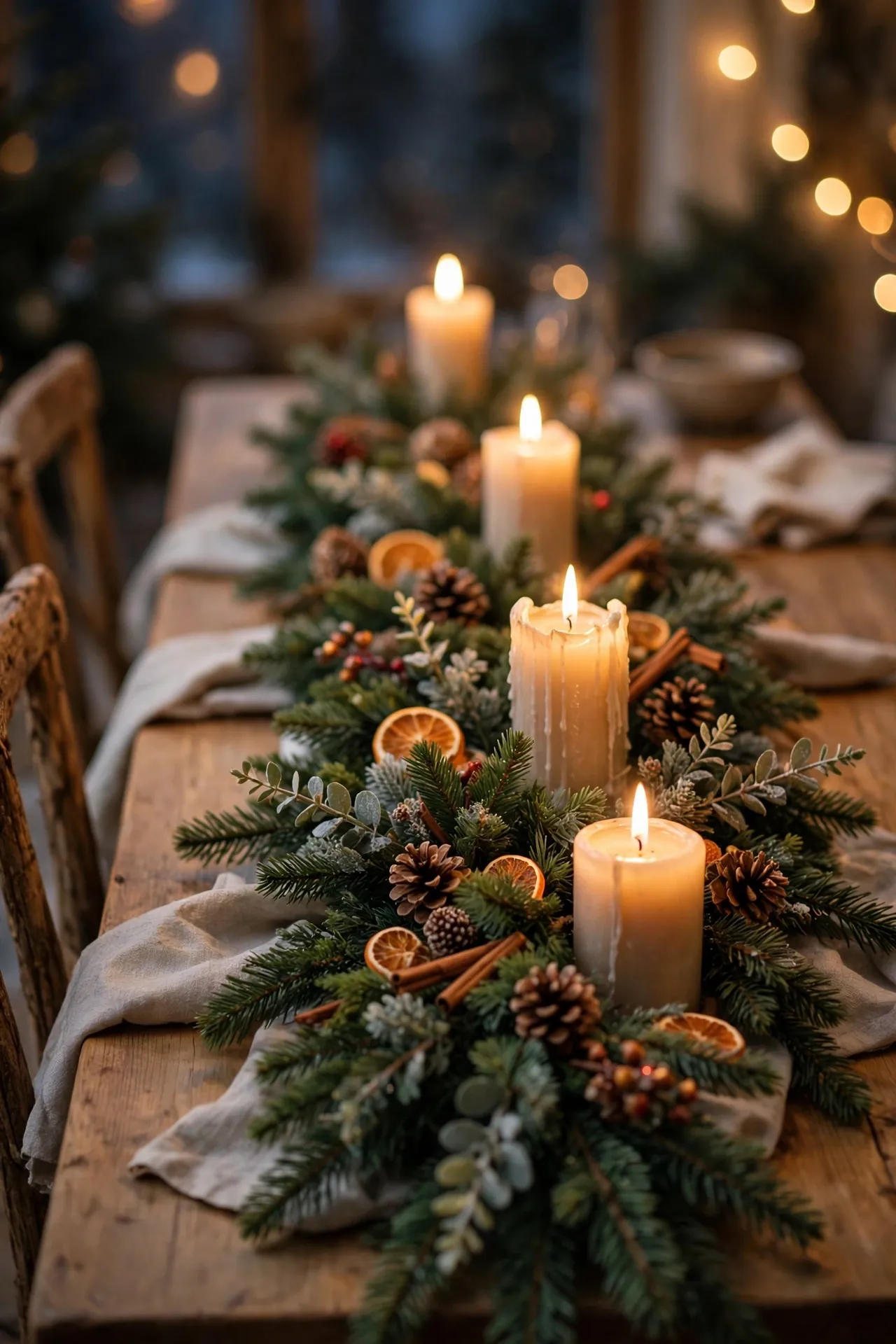Faux evergreen garland with pillar candles down a winter table