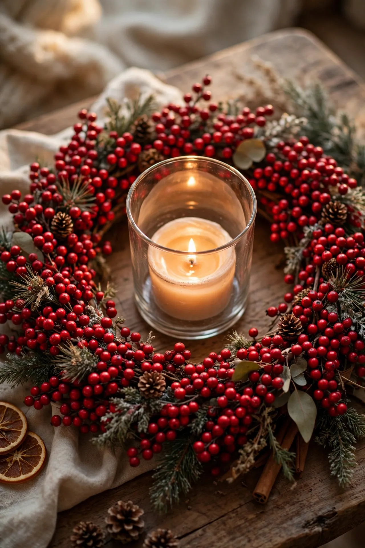 Berry wreath laid flat with a hurricane candle in the center