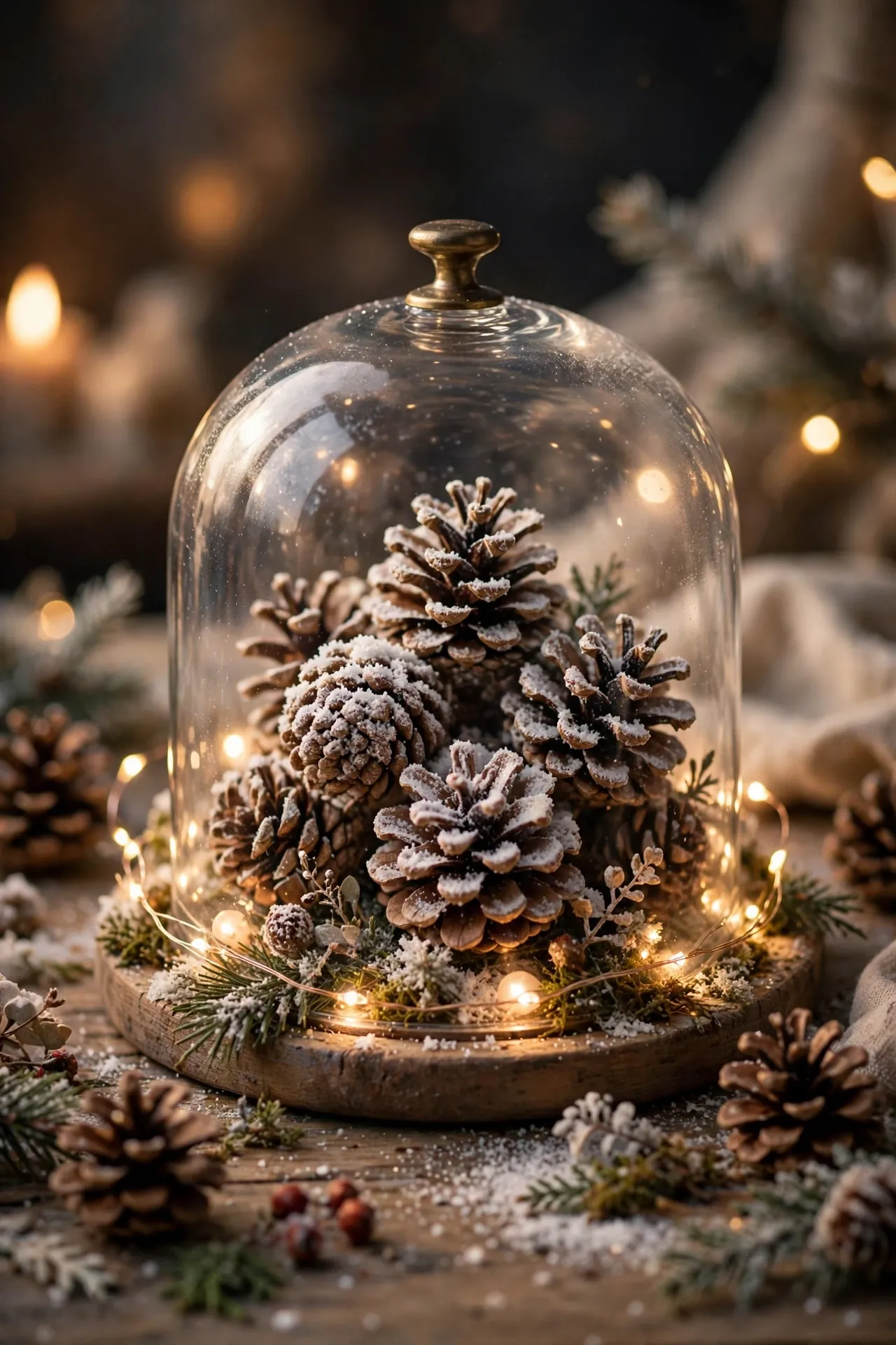 Pinecones dusted with fake snow under a glass cloche