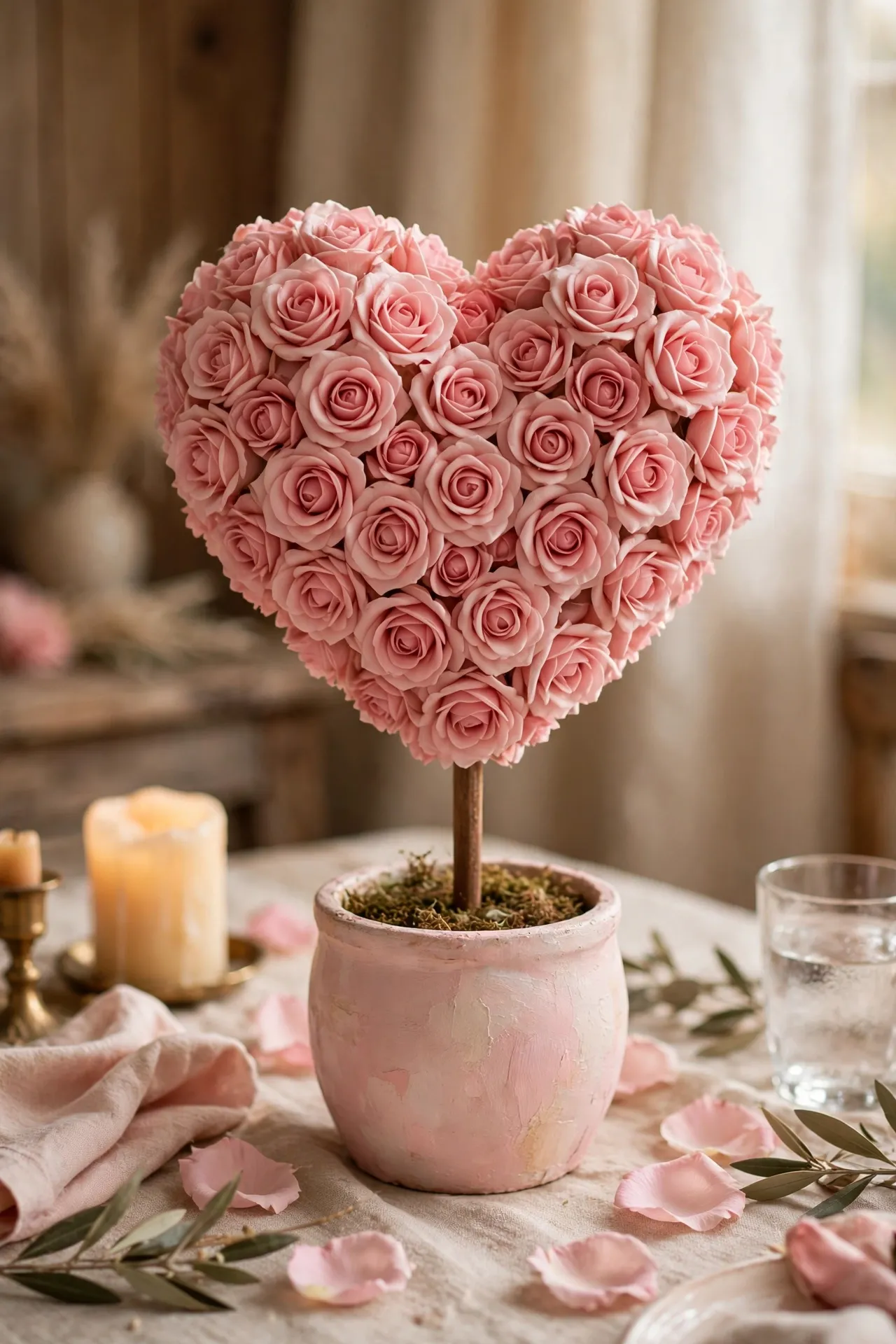 Heart-shaped topiary covered in faux roses for Valentine's Day