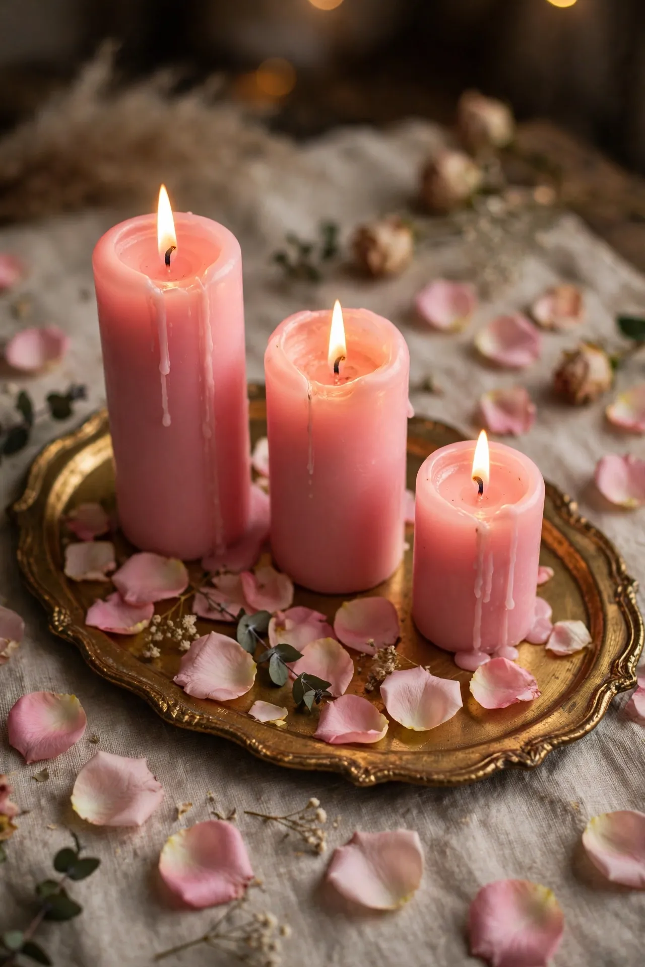 Pink candles on a gold tray with scattered rose petals