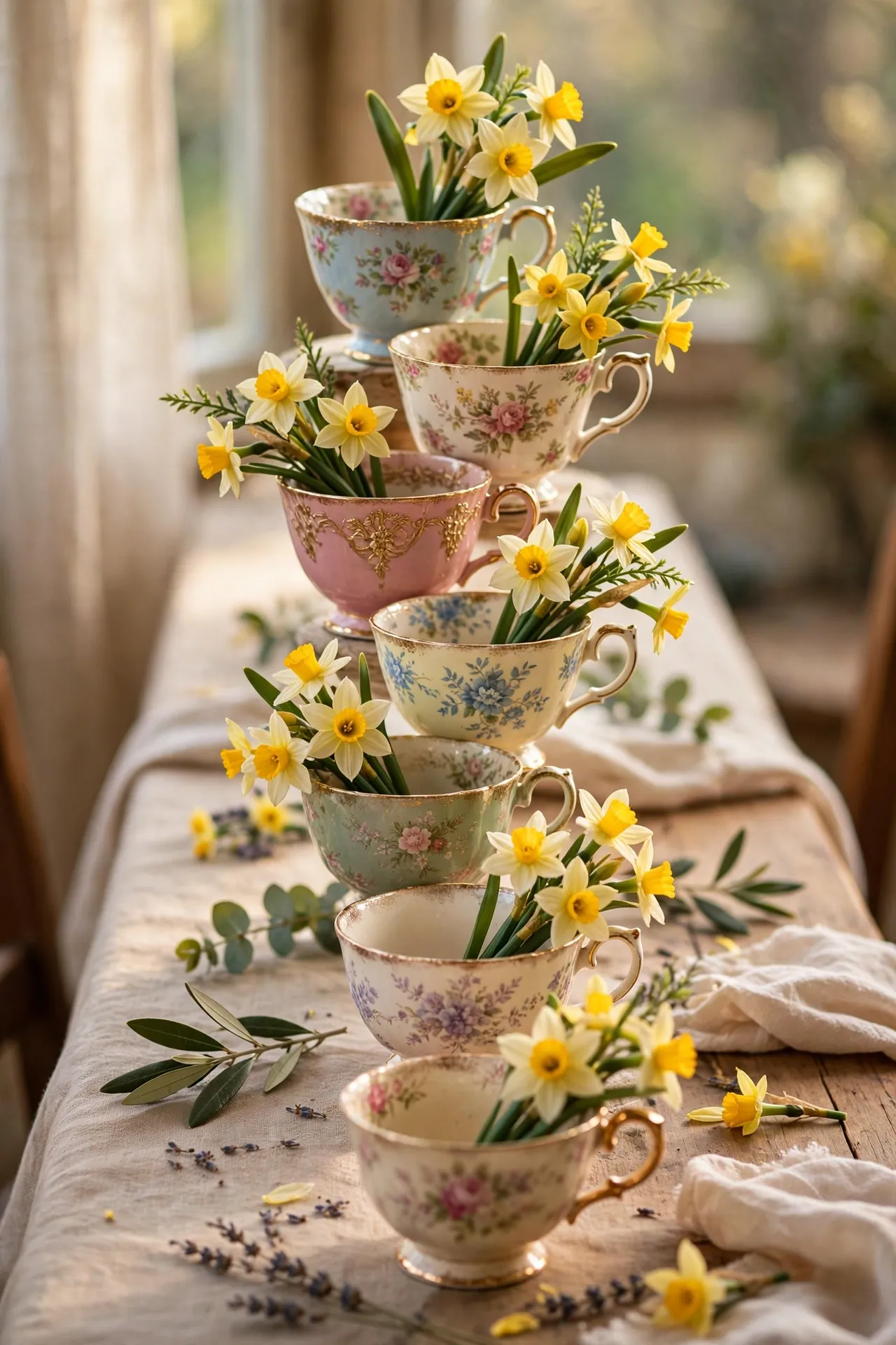 Faux daffodils in mismatched teacups down a spring table
