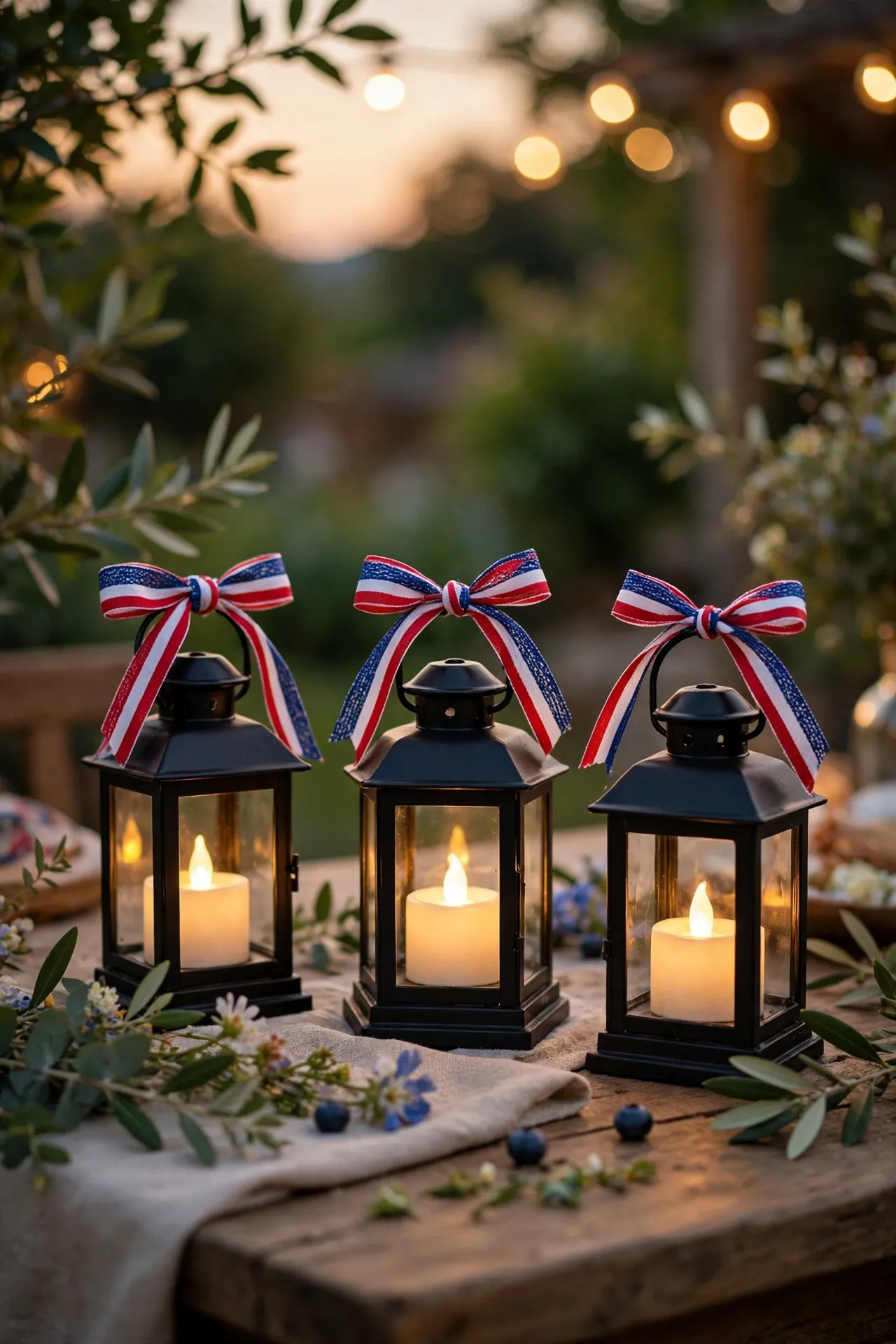 Three lanterns with LED candles tied with patriotic ribbon