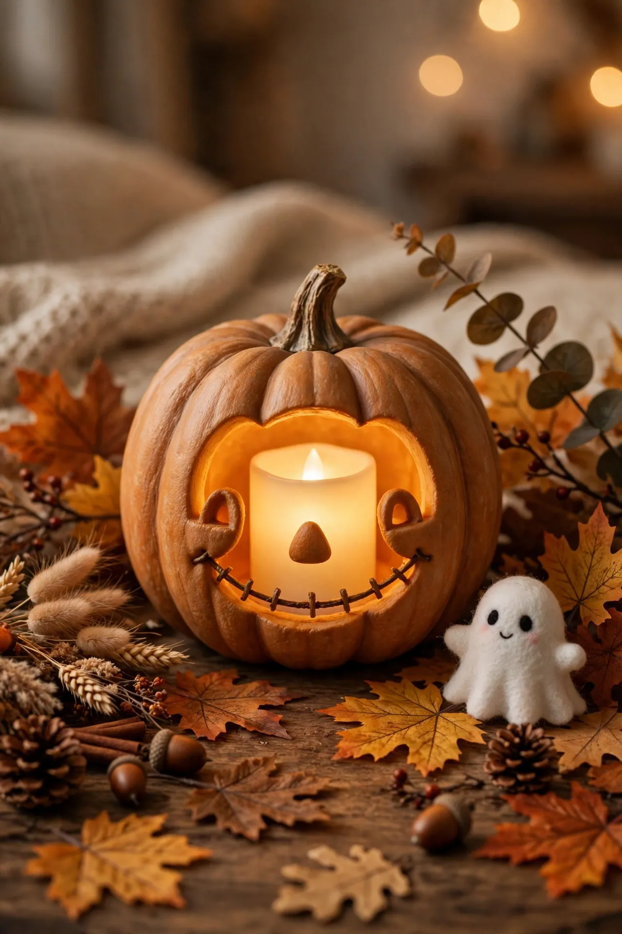 Carved faux pumpkin lantern glowing with an LED candle