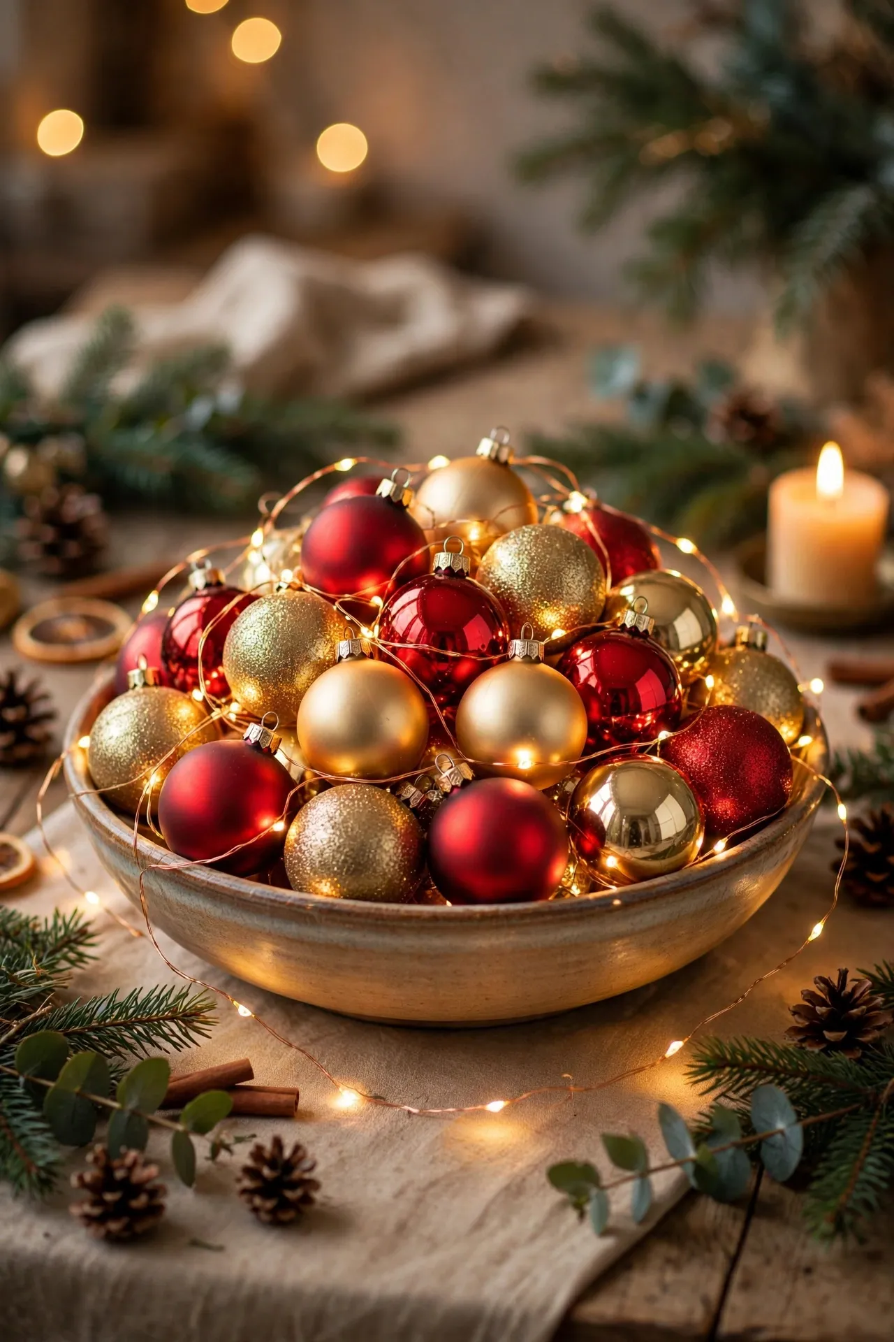 Wide bowl filled with Christmas ornaments and fairy lights